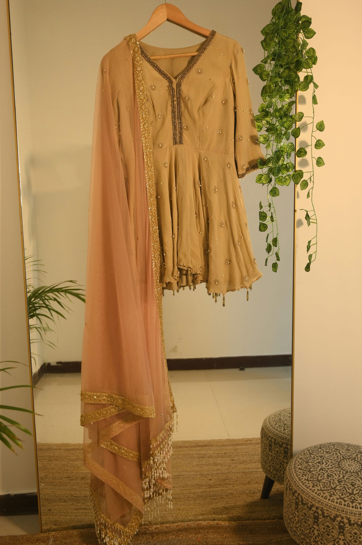 Ocher short anarkali with zari neckline