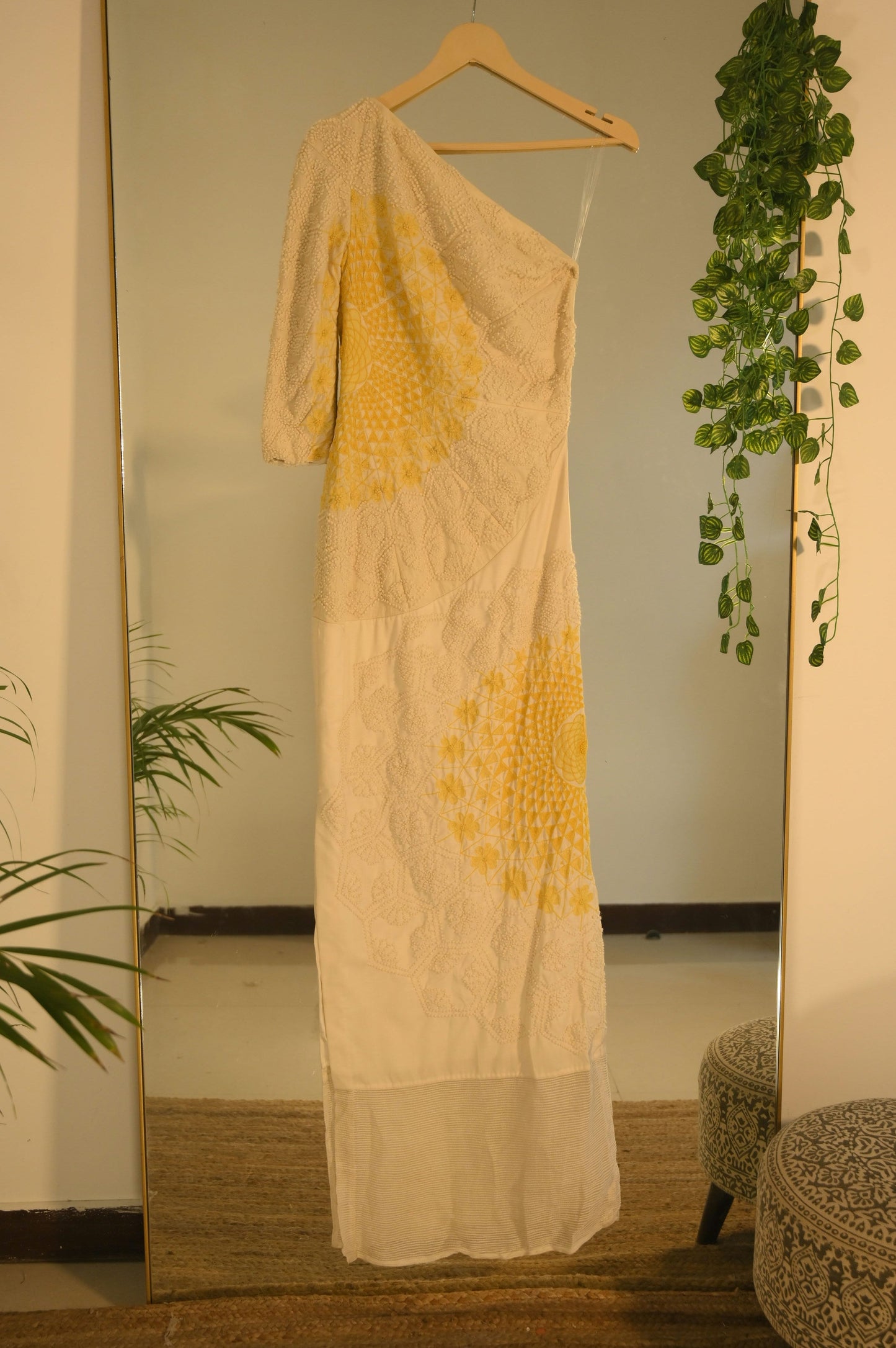 One shoulder ecru embroidered dress