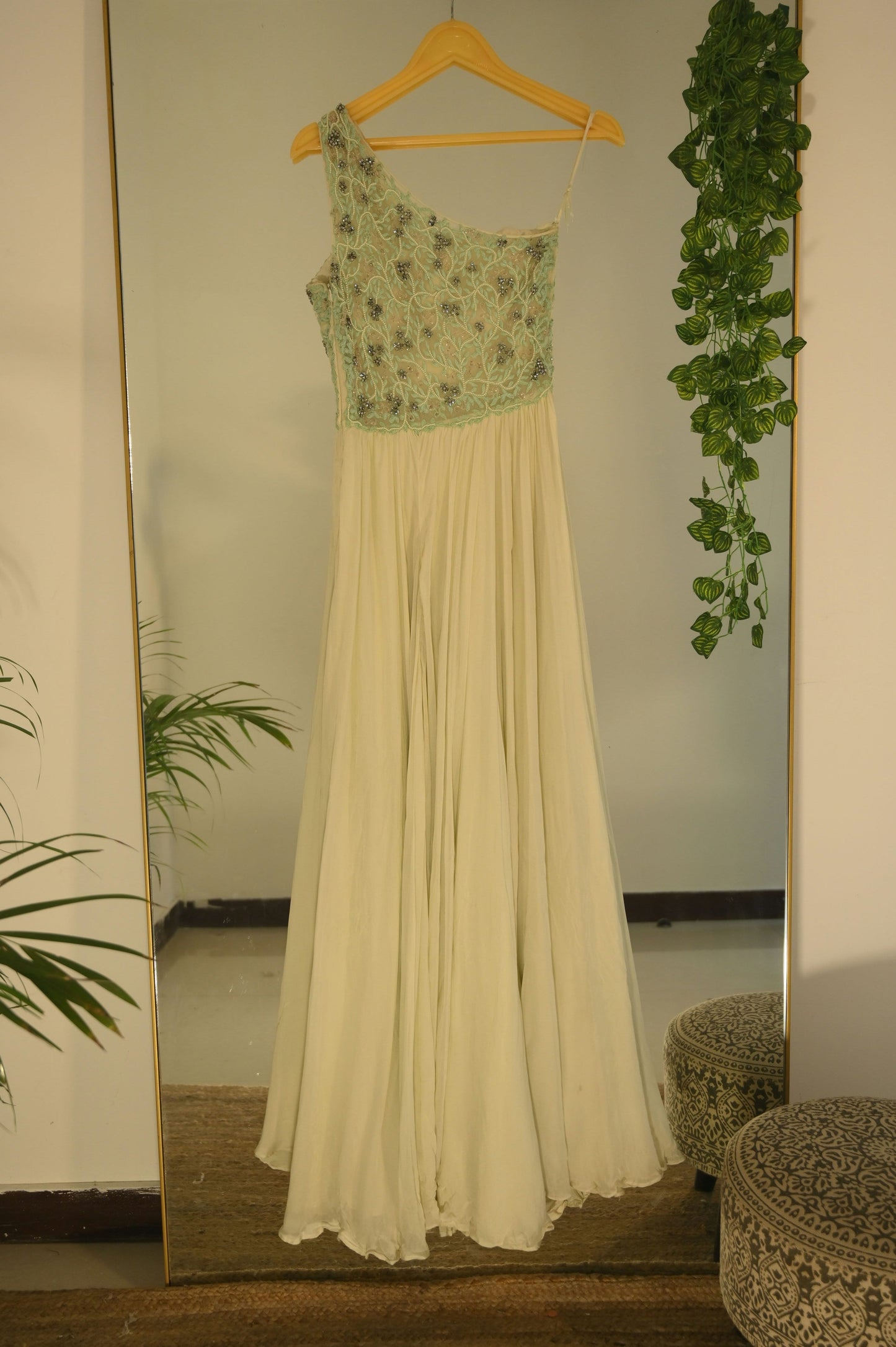 one shoulder pearl work bodice gown