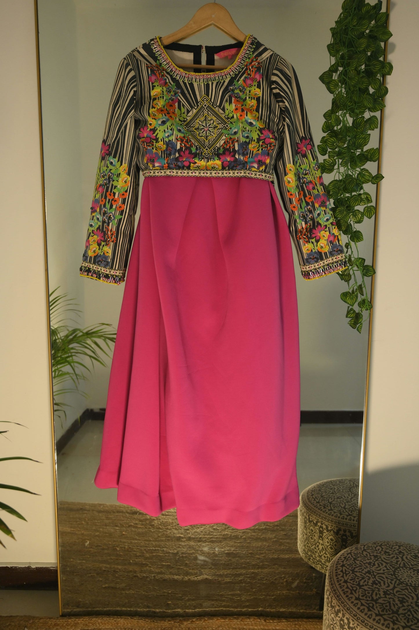 Printed beaded top with solid pink lehenga