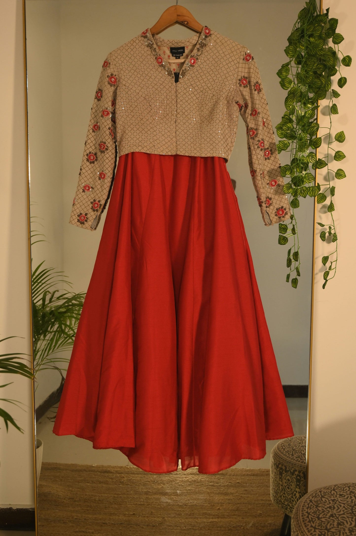 Floral Embroidered and Sequin Work Blouse with Red Lehenga