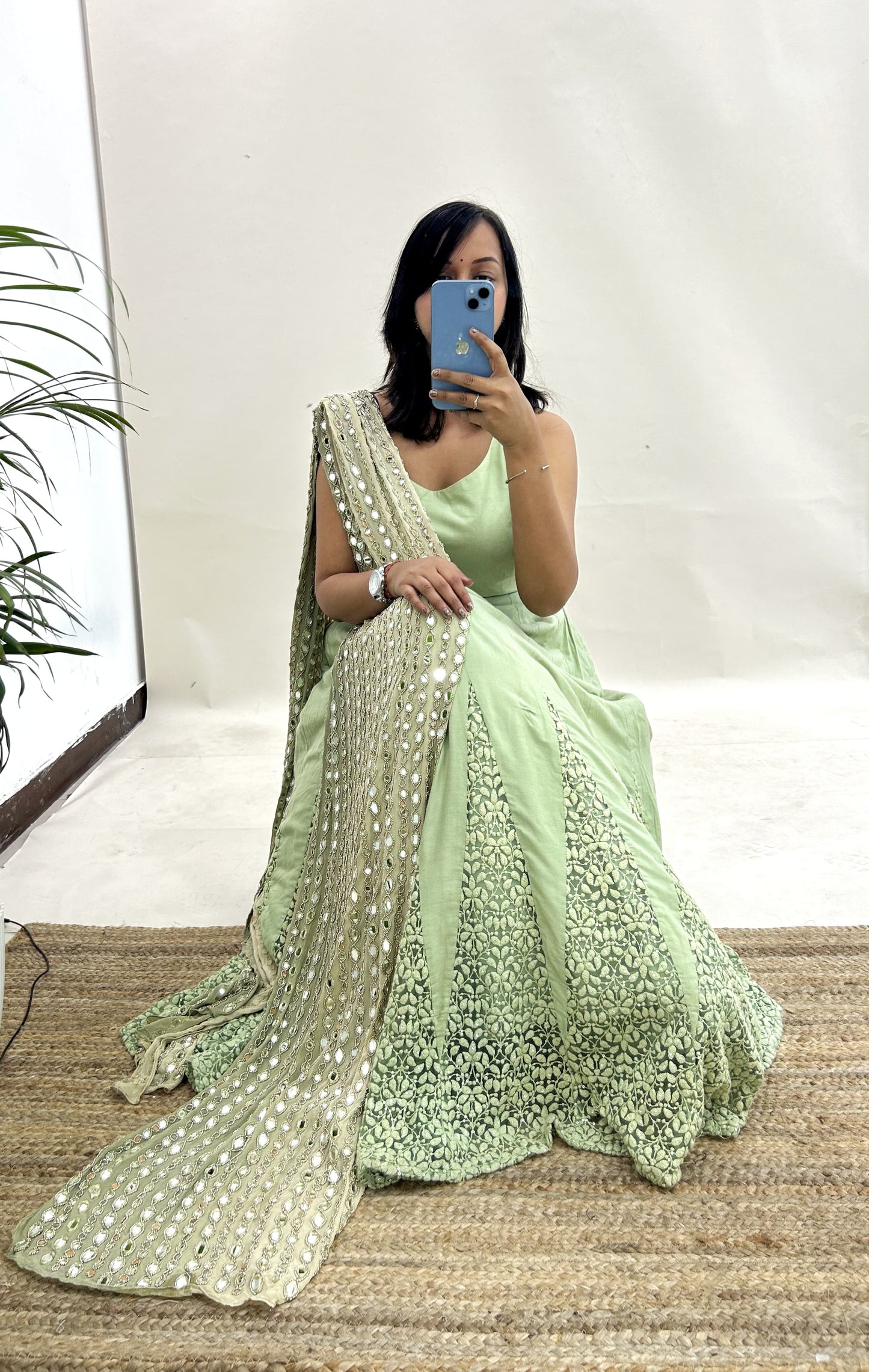 Green Embroidered Anarkali with Mirrorwork Dupatta
