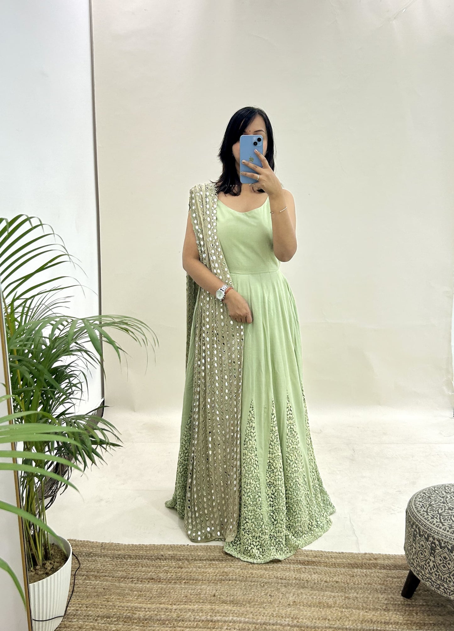 Green Embroidered Anarkali with Mirrorwork Dupatta