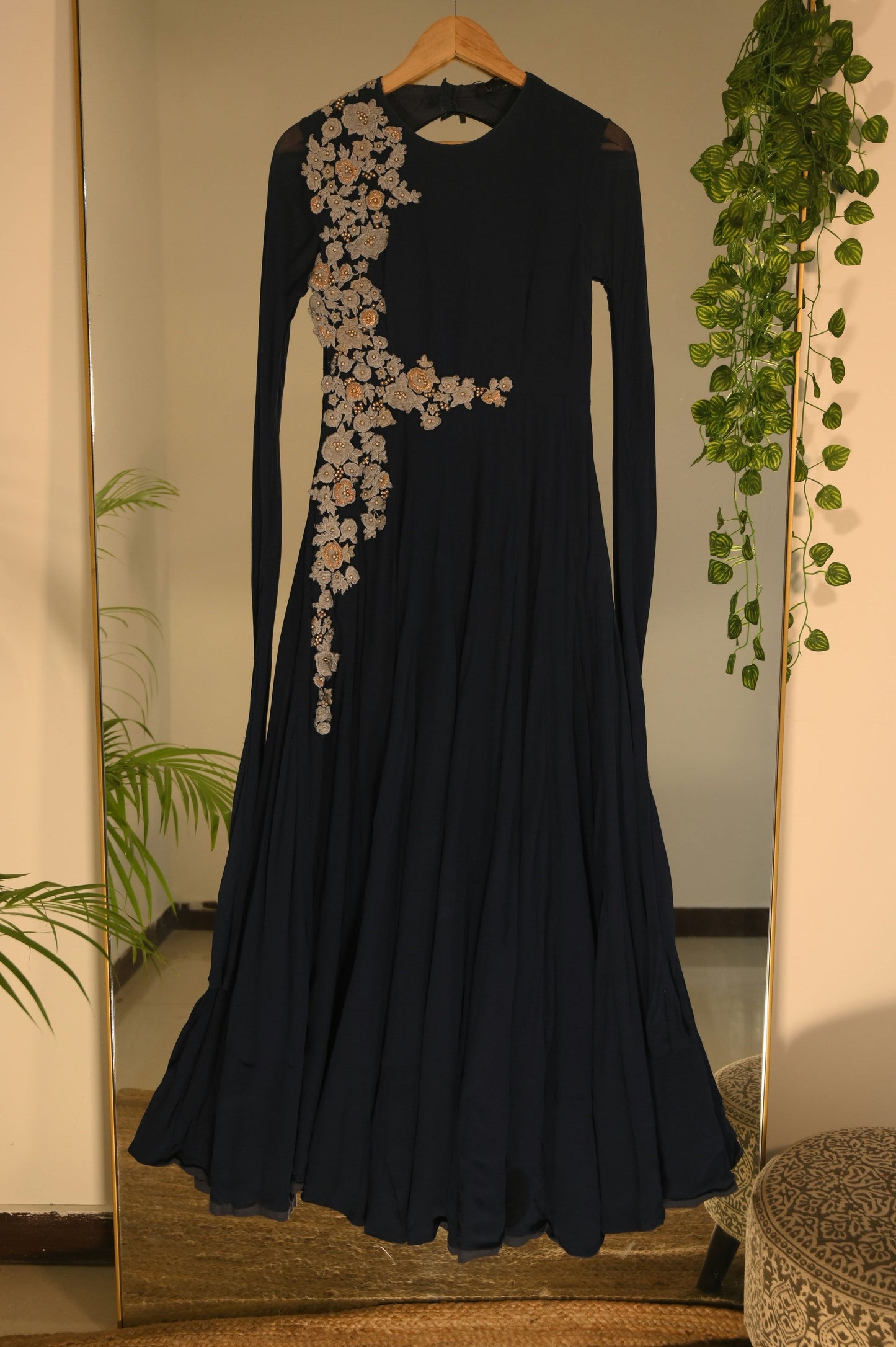 Navy floral embroidered gown