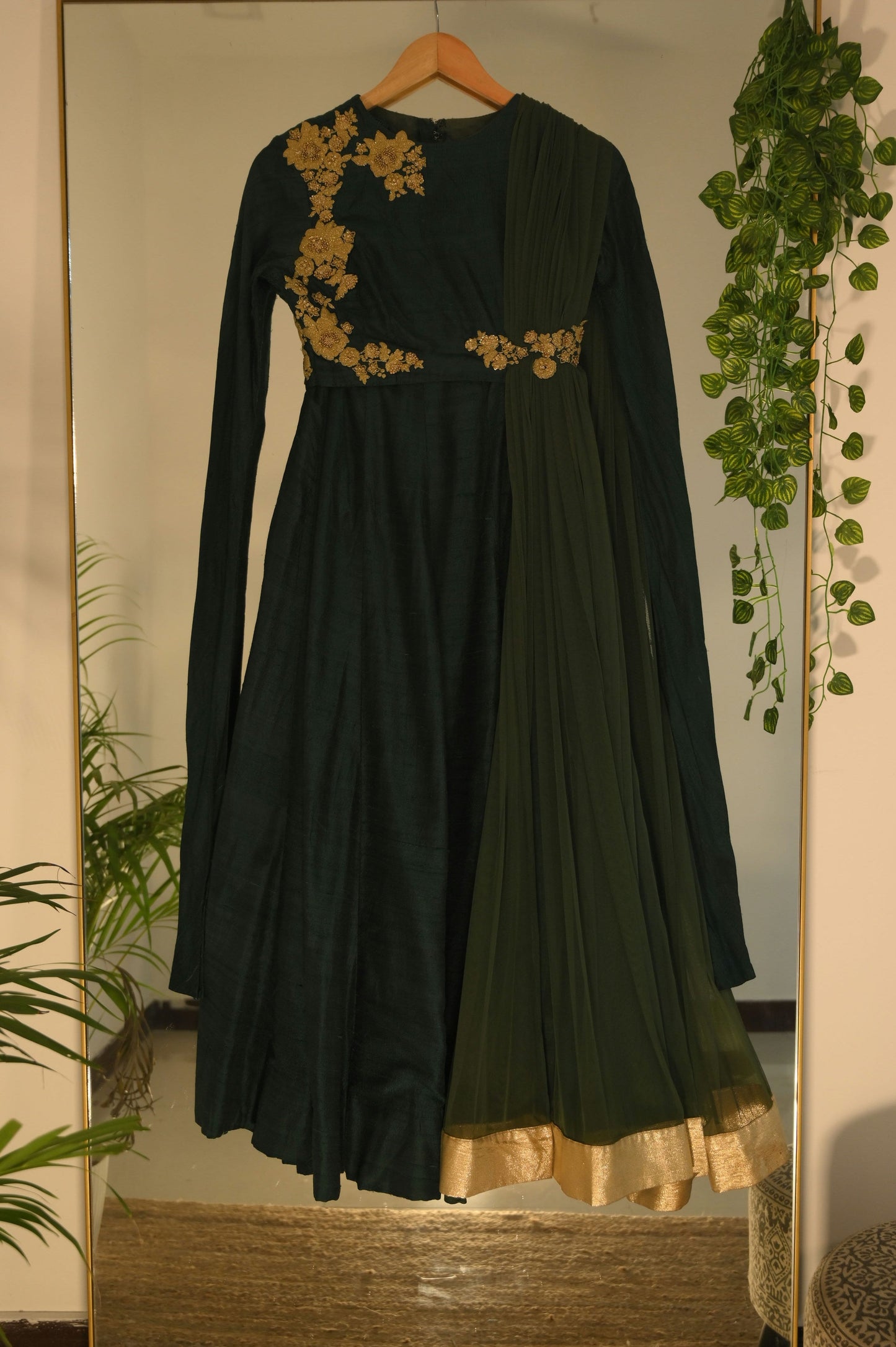 Bottle green lehenga choli with floral embroidery