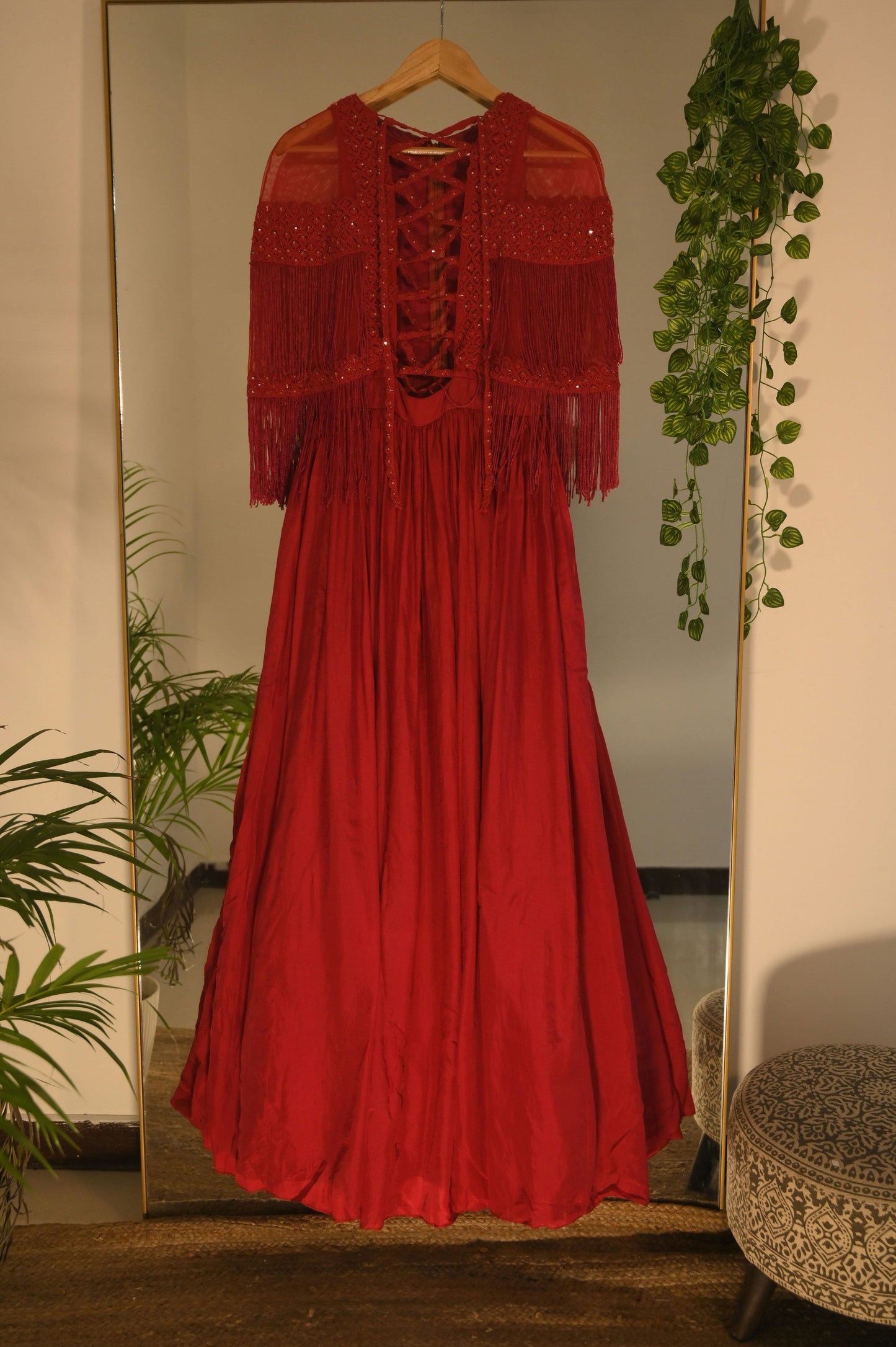 Red Criss Cross Fringed Gown