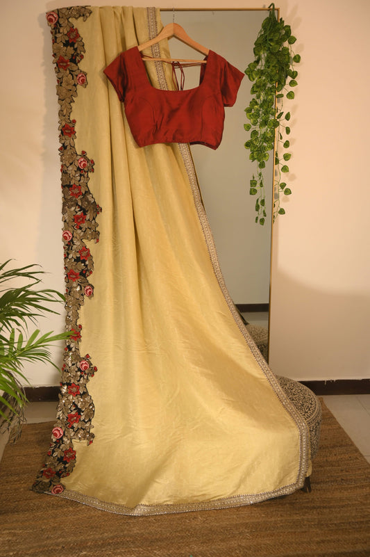 Zari embroidery border saree with red blouse