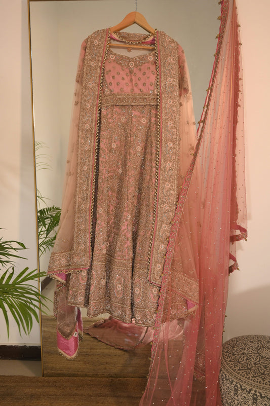 Pink zardosi embroidered bridal lehenga with 2 dupattas