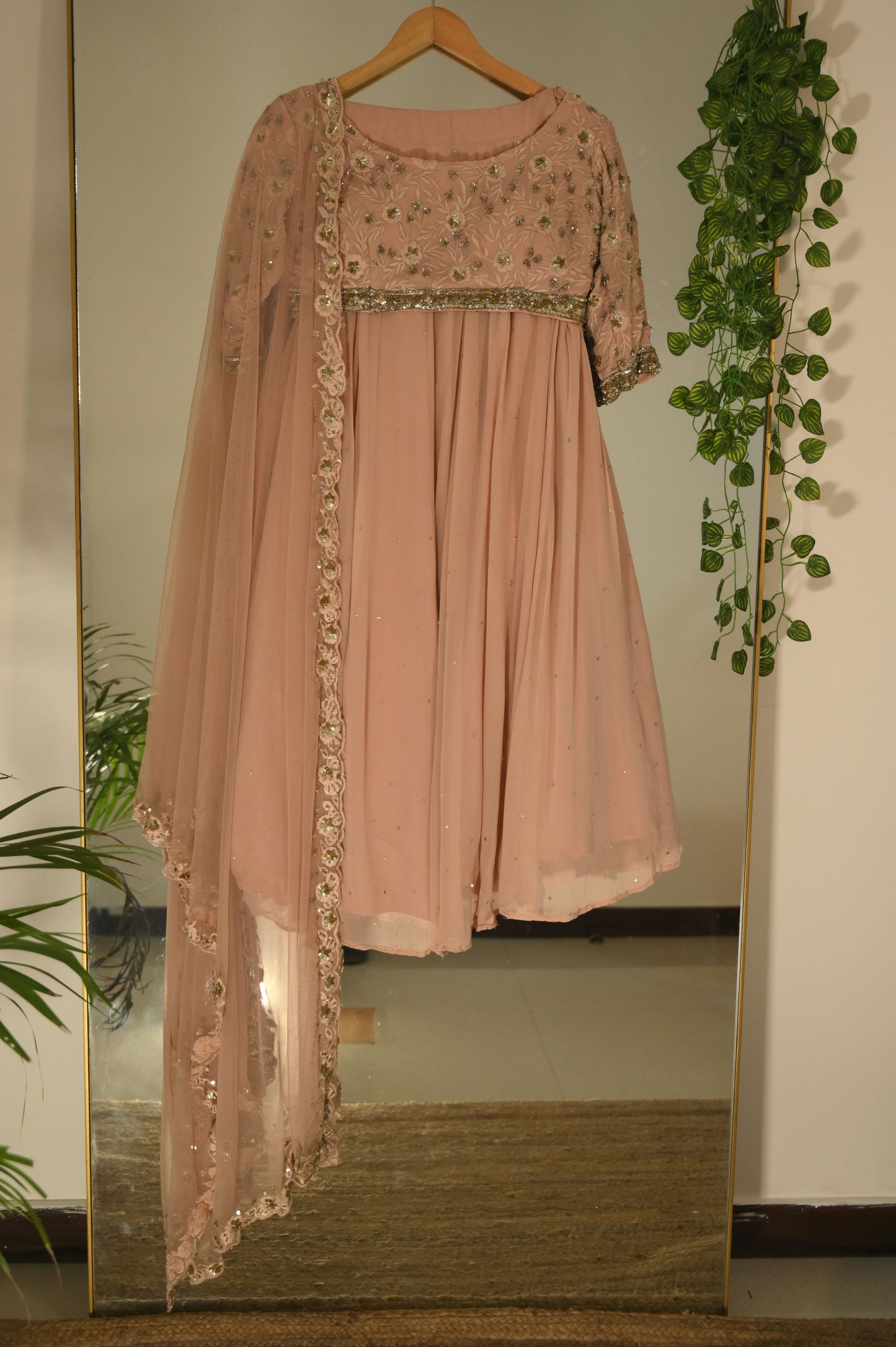 Pink Embroidered and Sequined Lehenga Set with Scalloped Hem Dupatta