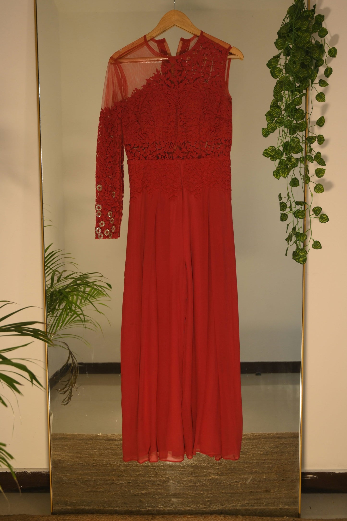 Red One Sleeve Embroidered Jumpsuit