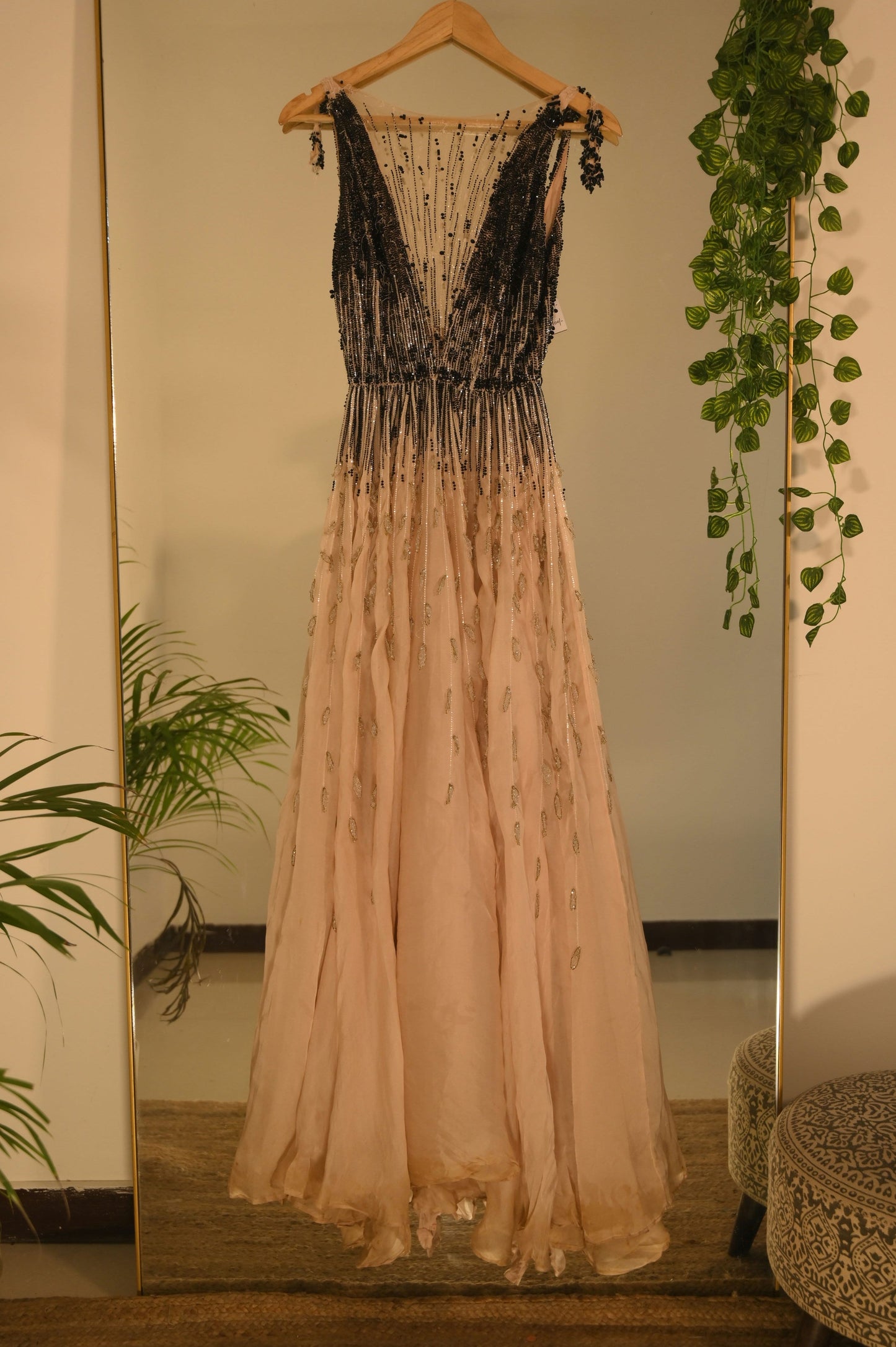 Heavily Embellished Nude Gown with Black Sequins and Beads