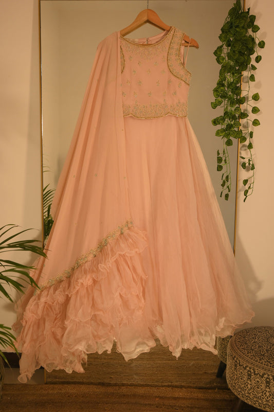 Pink Embroidered Lehenga with Ruffled Dupatta