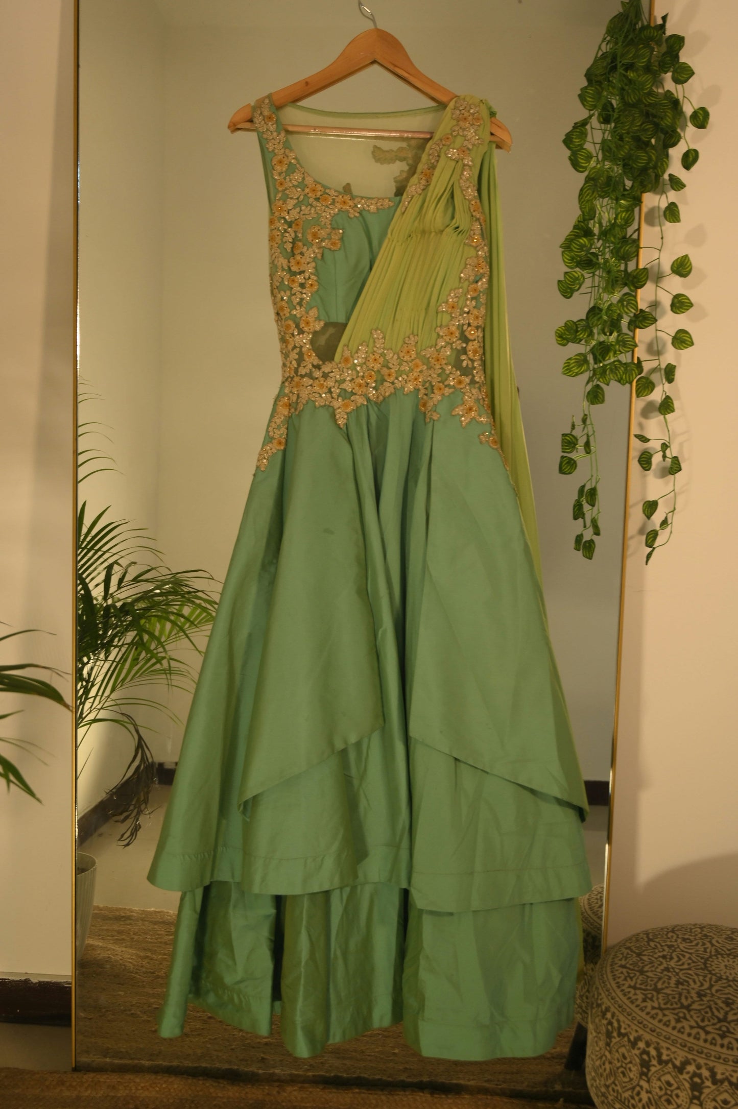 Green Embroidered gown with saree Detailing
