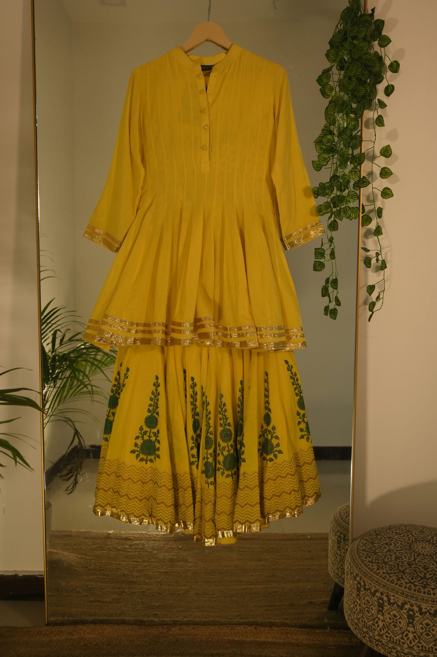 Yellow Panneled Kurta with Printed Garara