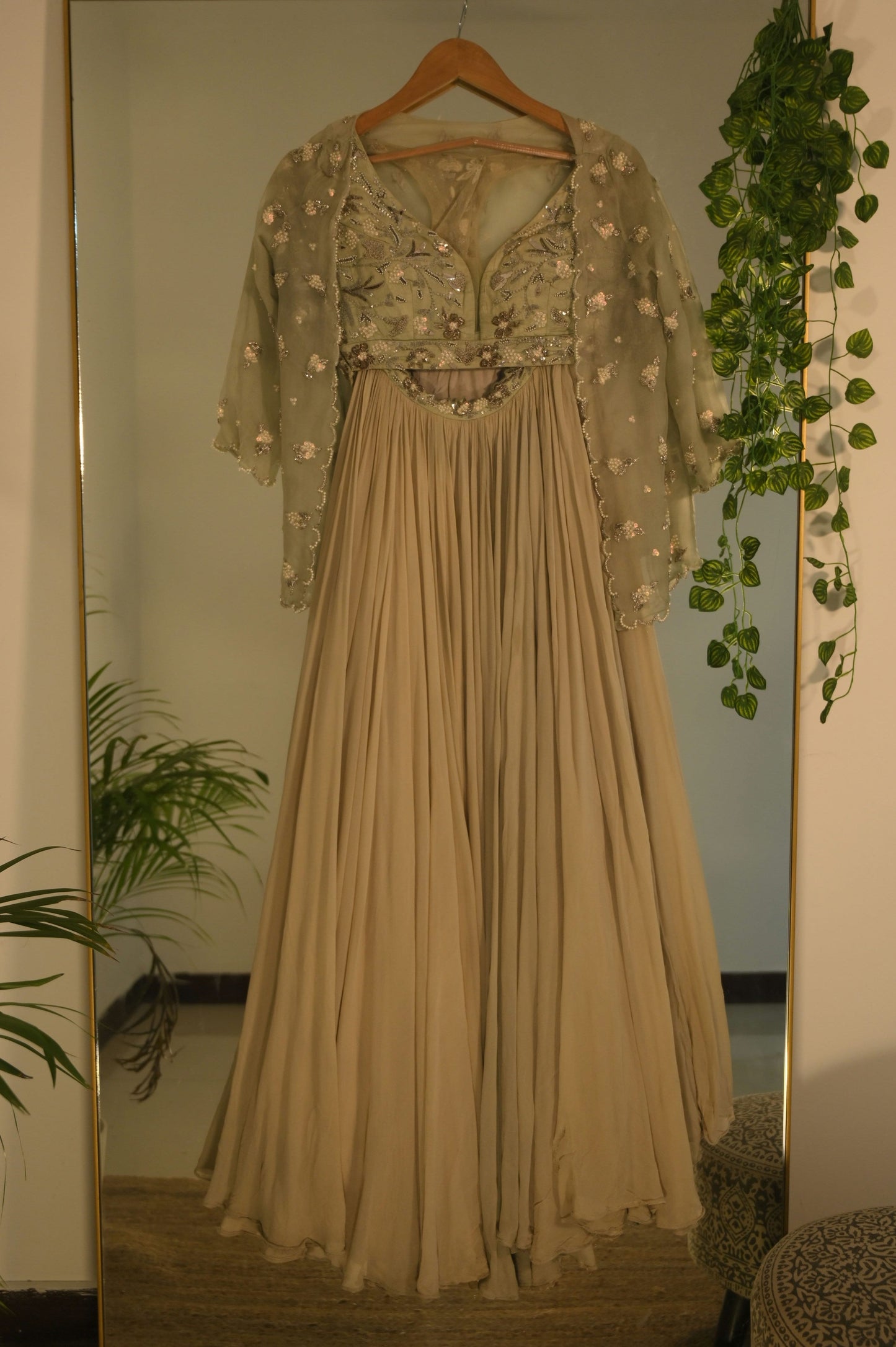 Sequin and Pearl Embroidered Lehenga with Plunging Neckline Blouse
