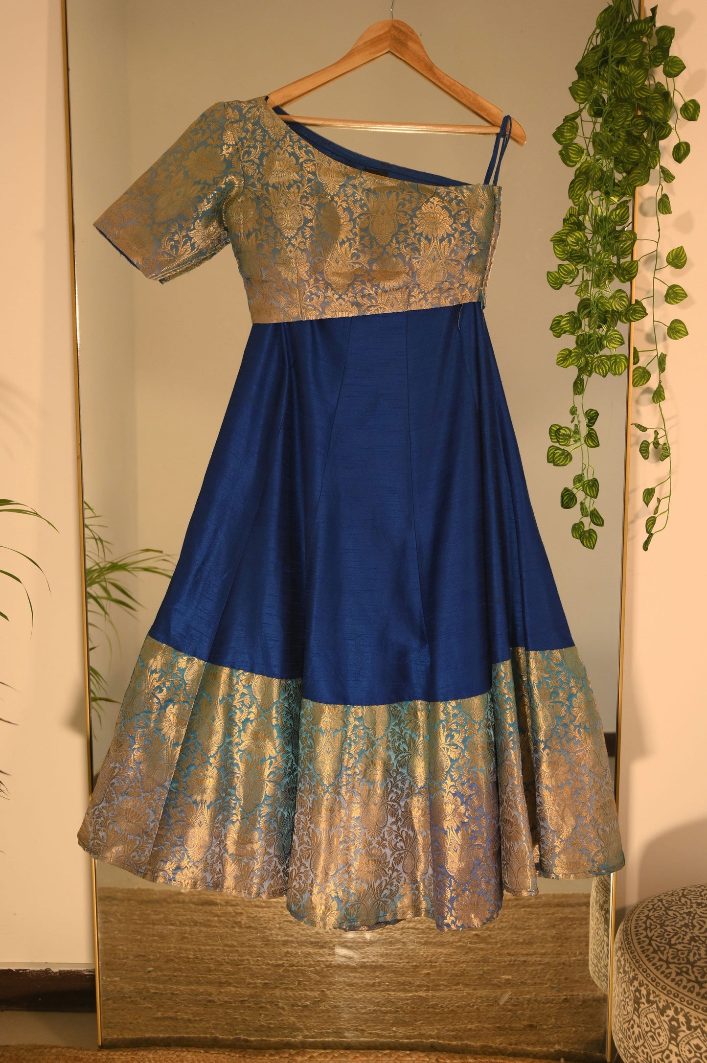 Brocade One Shoulder Blouse with Navy Lehenga