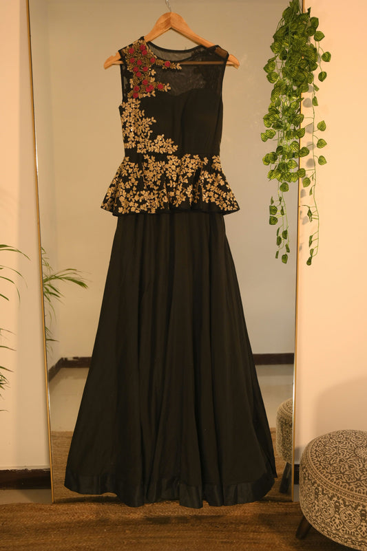 Embroidered Black Peplum Gown