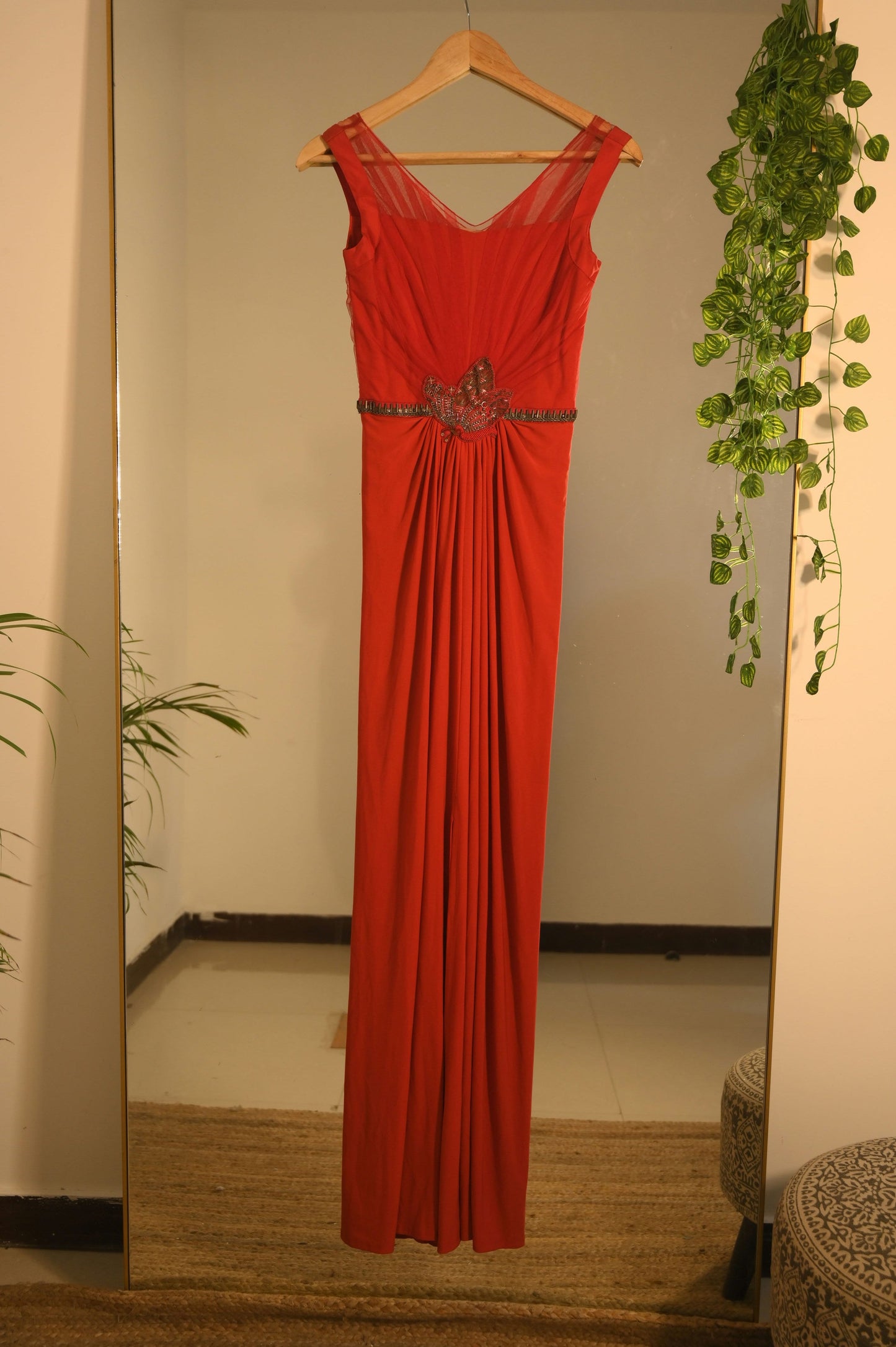Red Draped Dress with Embellished Waist