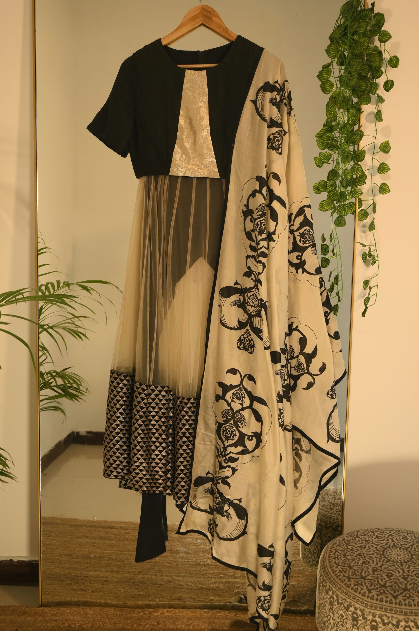 Black and Gold Anarkali with Printed Dupatta