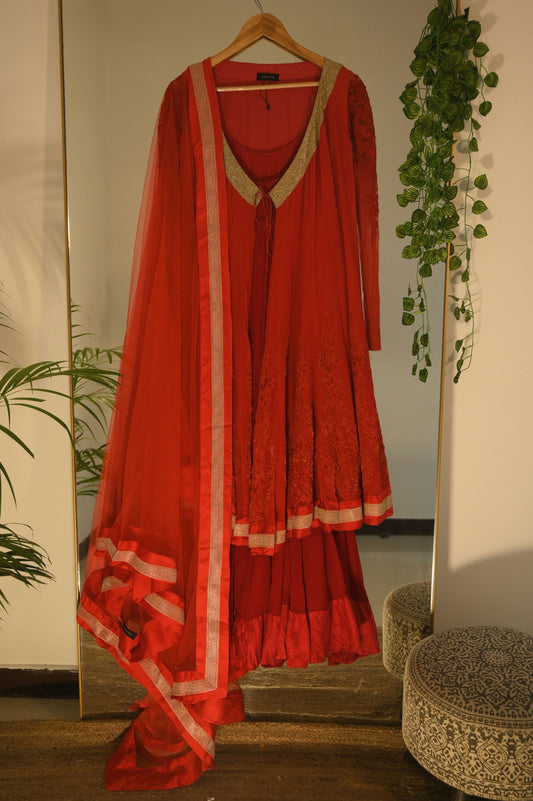 Red Anarkali with Jacket