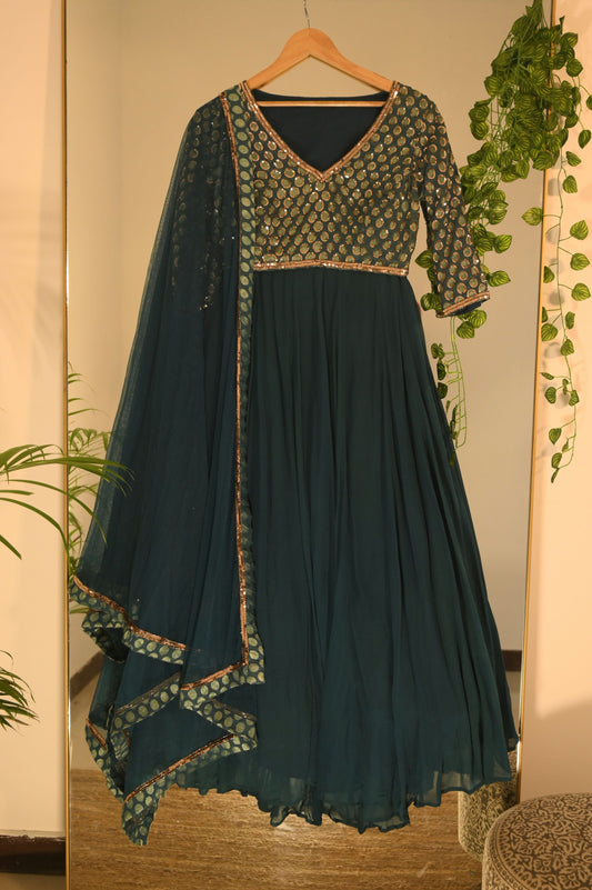 Blue Lehenga with Brocade and Sequin Detailing