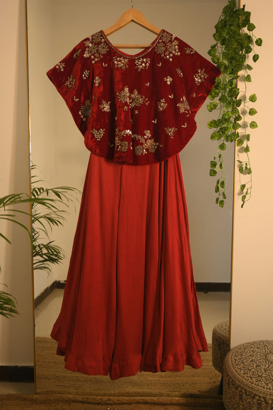 Red Zardosi Poncho with Lehenga