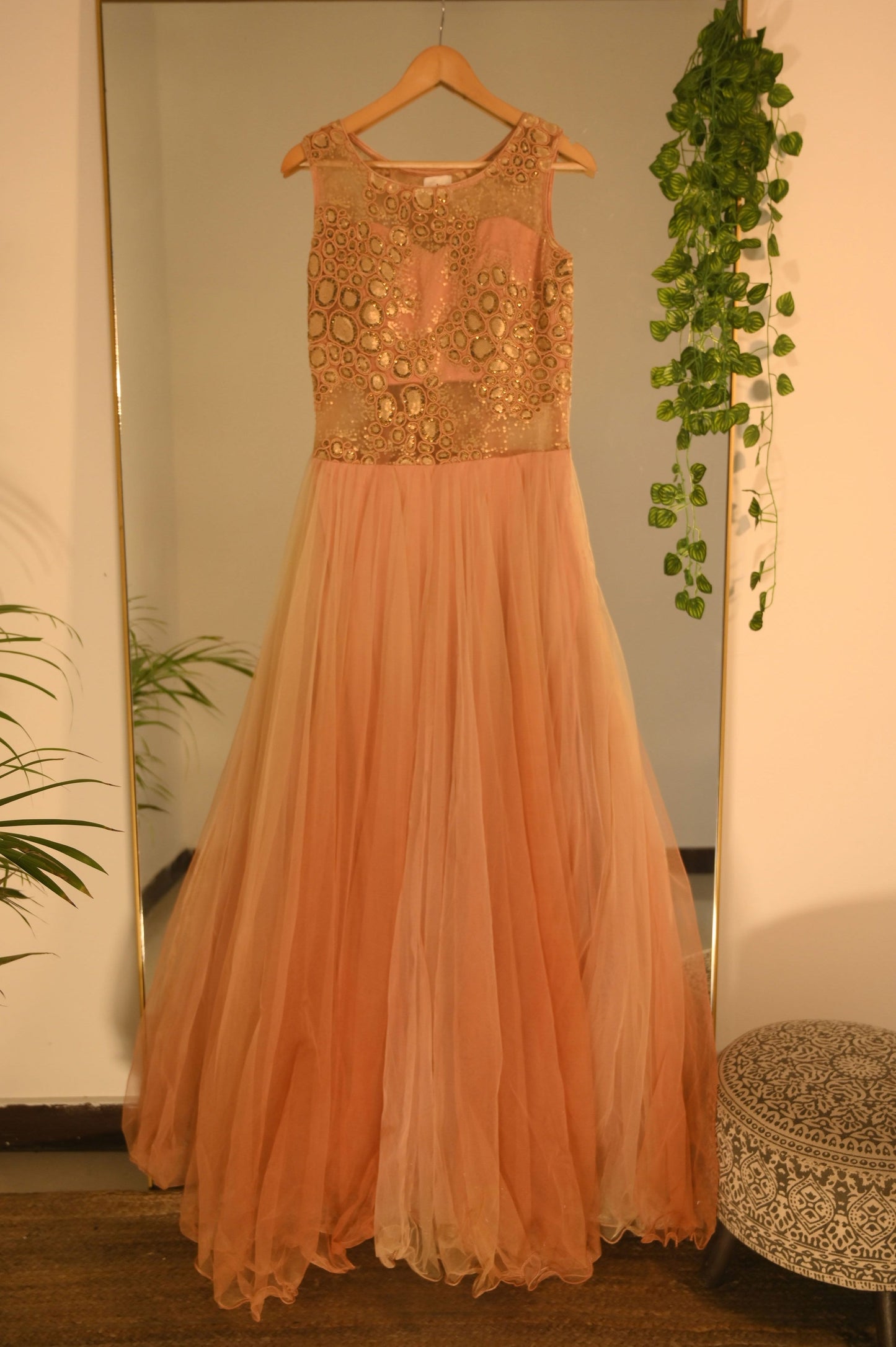 Peach Gown with Embroidery and Threadwork