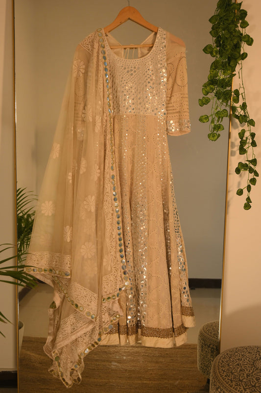 White Chikankari and Mirror Work Anarkali