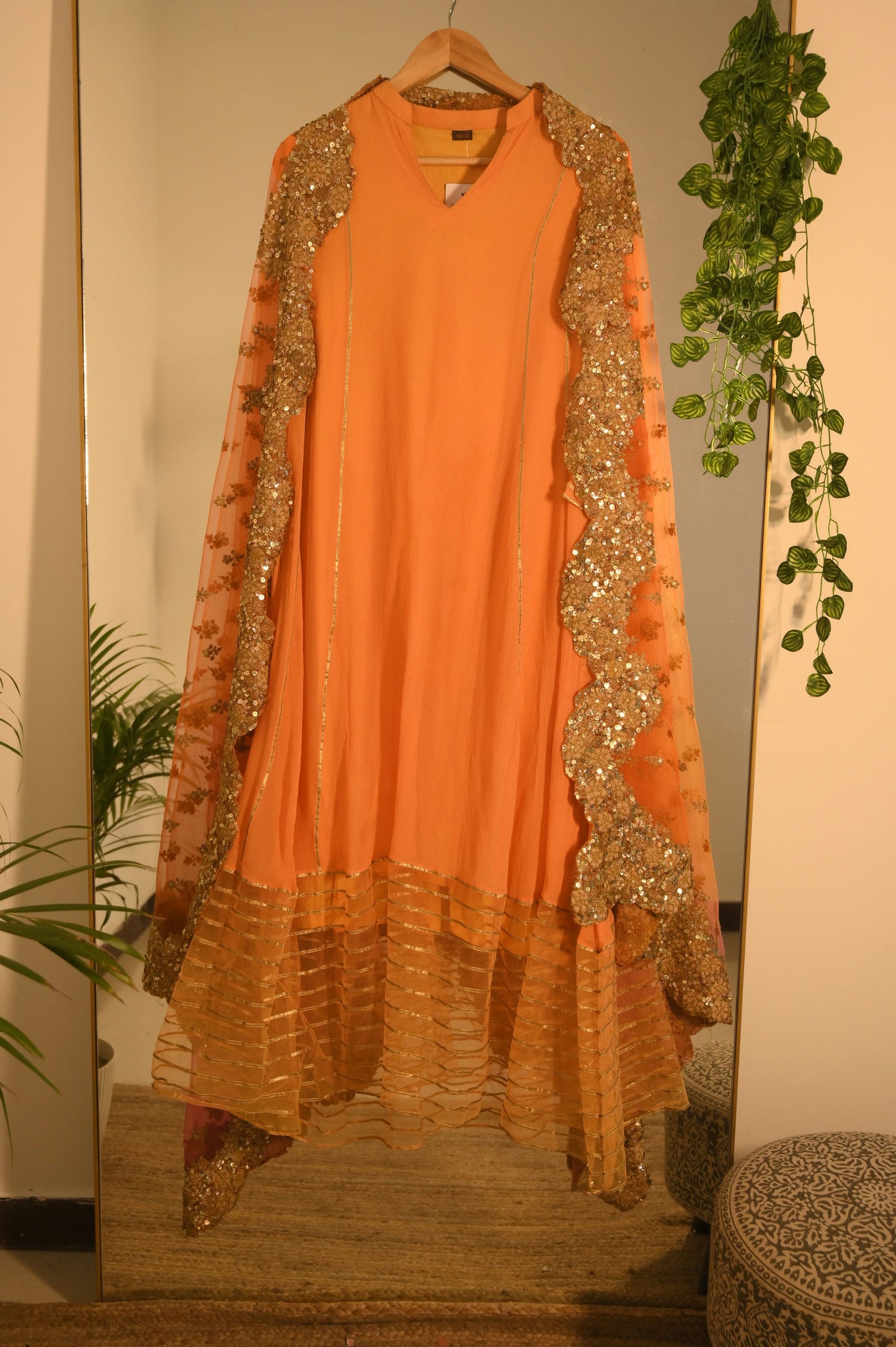 Orange Anarkali with Heavily Embroidered and Sequined Dupatta