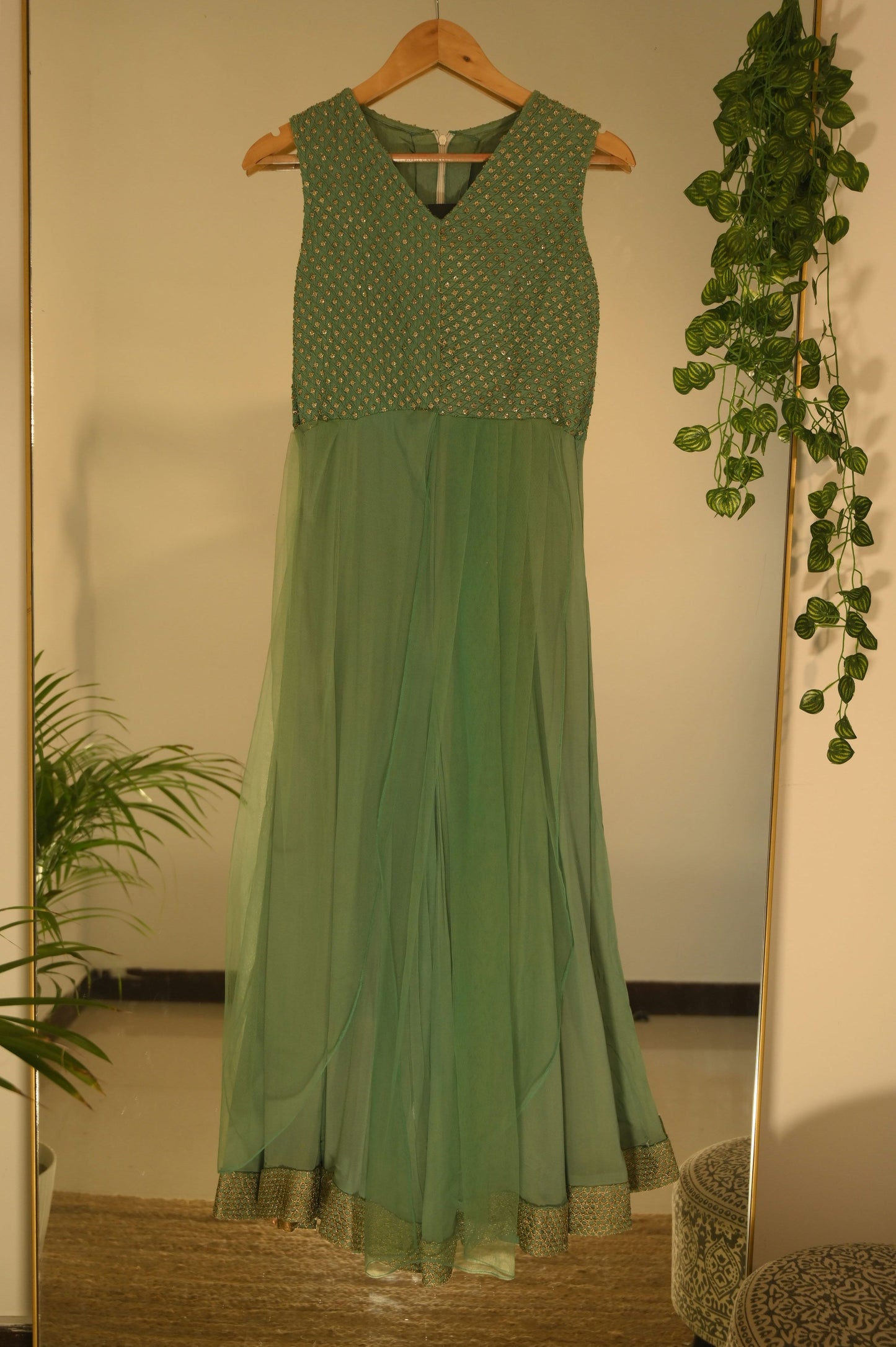 Green Sequin Pintuck Gown