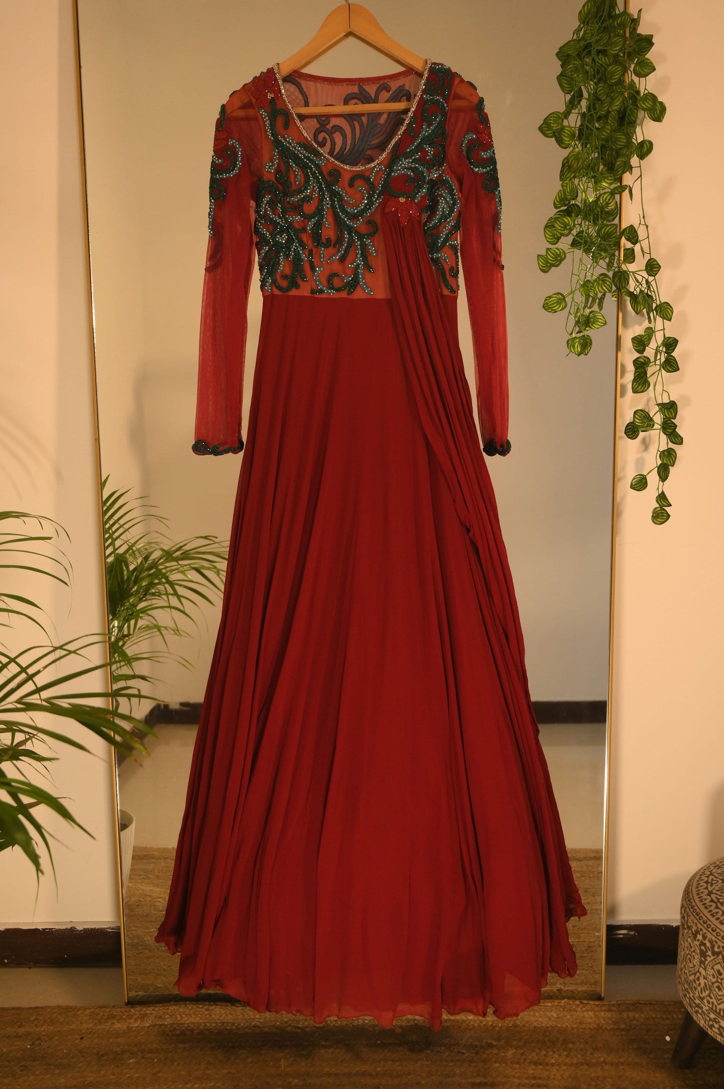 Maroon Stonework Gown with Drape Details