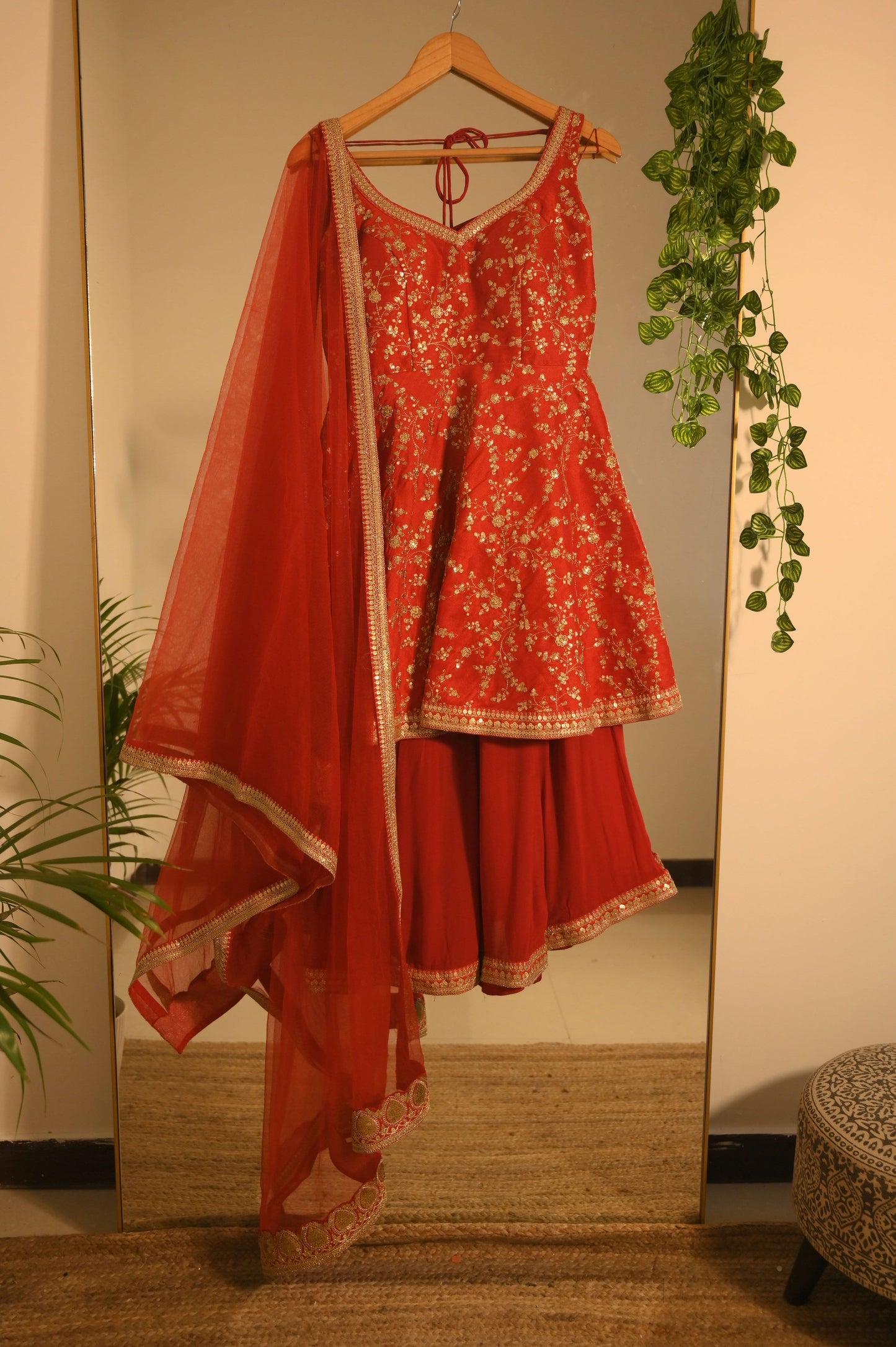 Red Zari Sequin Suit Set