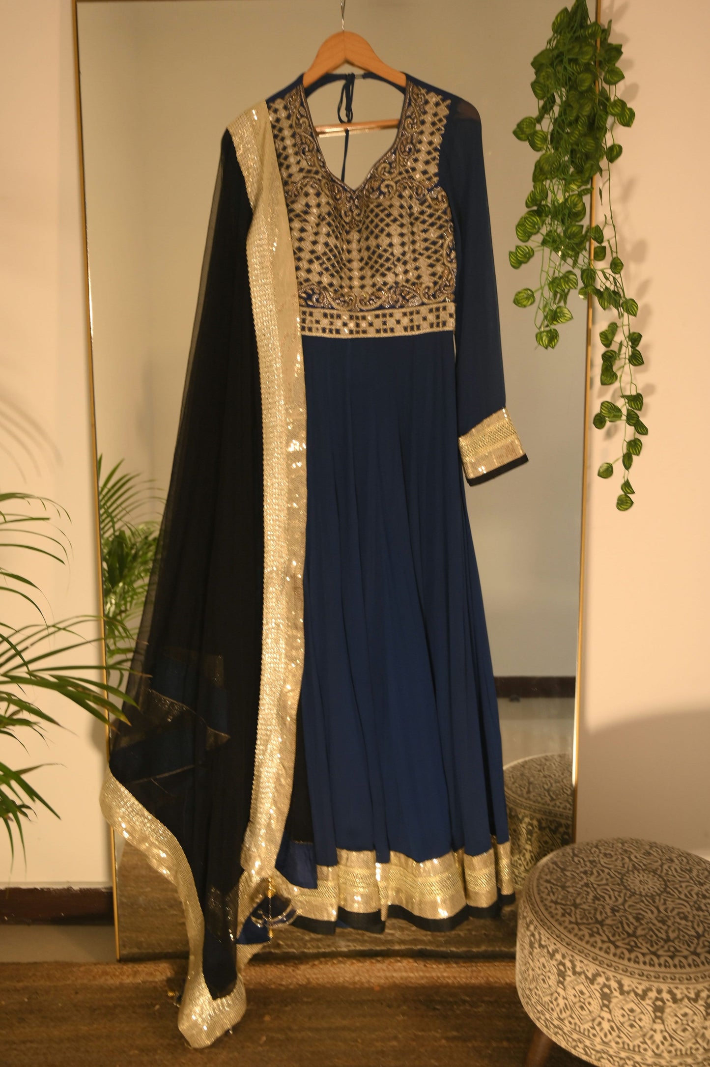 Navy Anarkali with Golden Embroidery