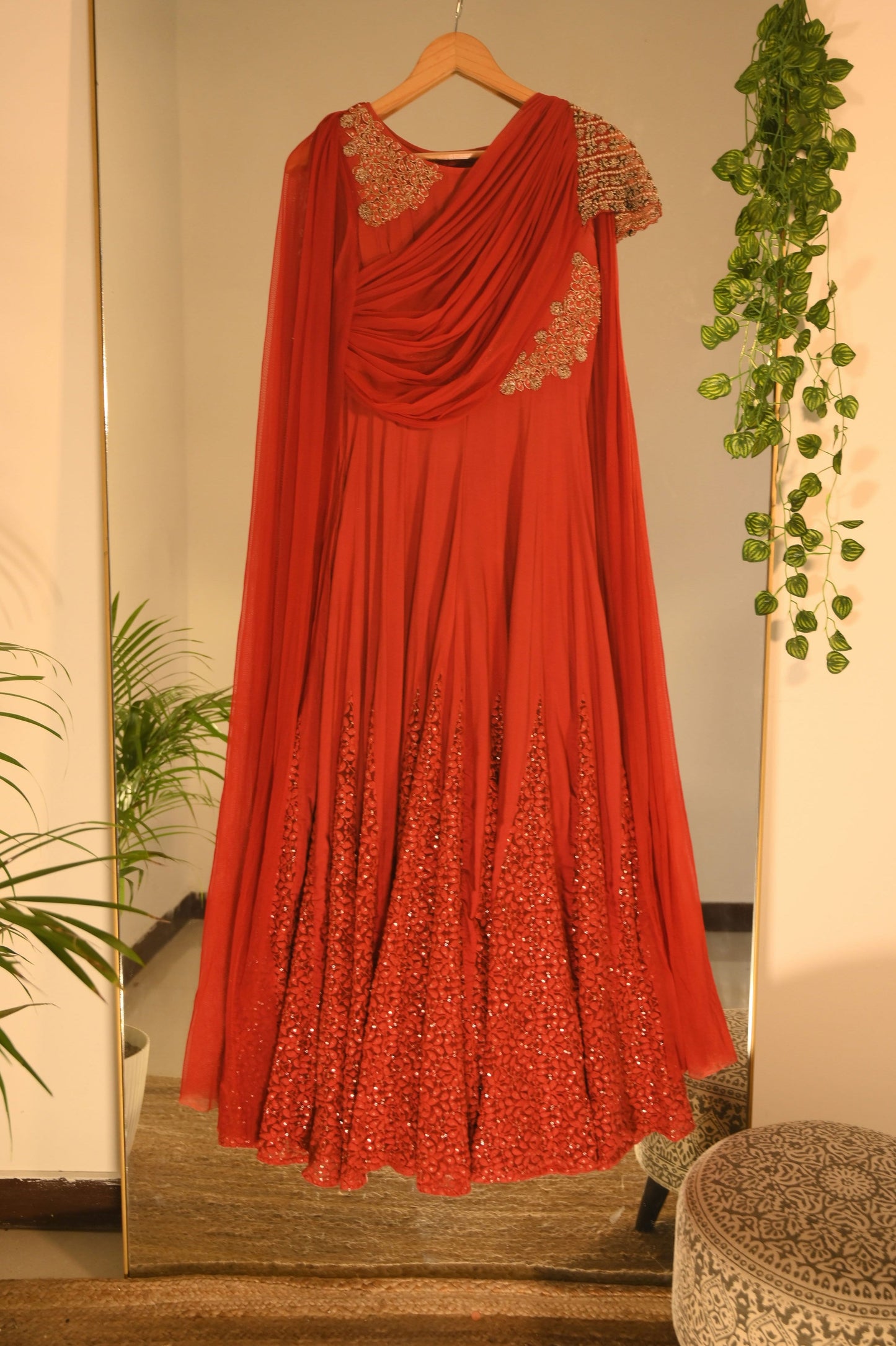 Red Gown with Embroidered Gusset and Drape Detailing