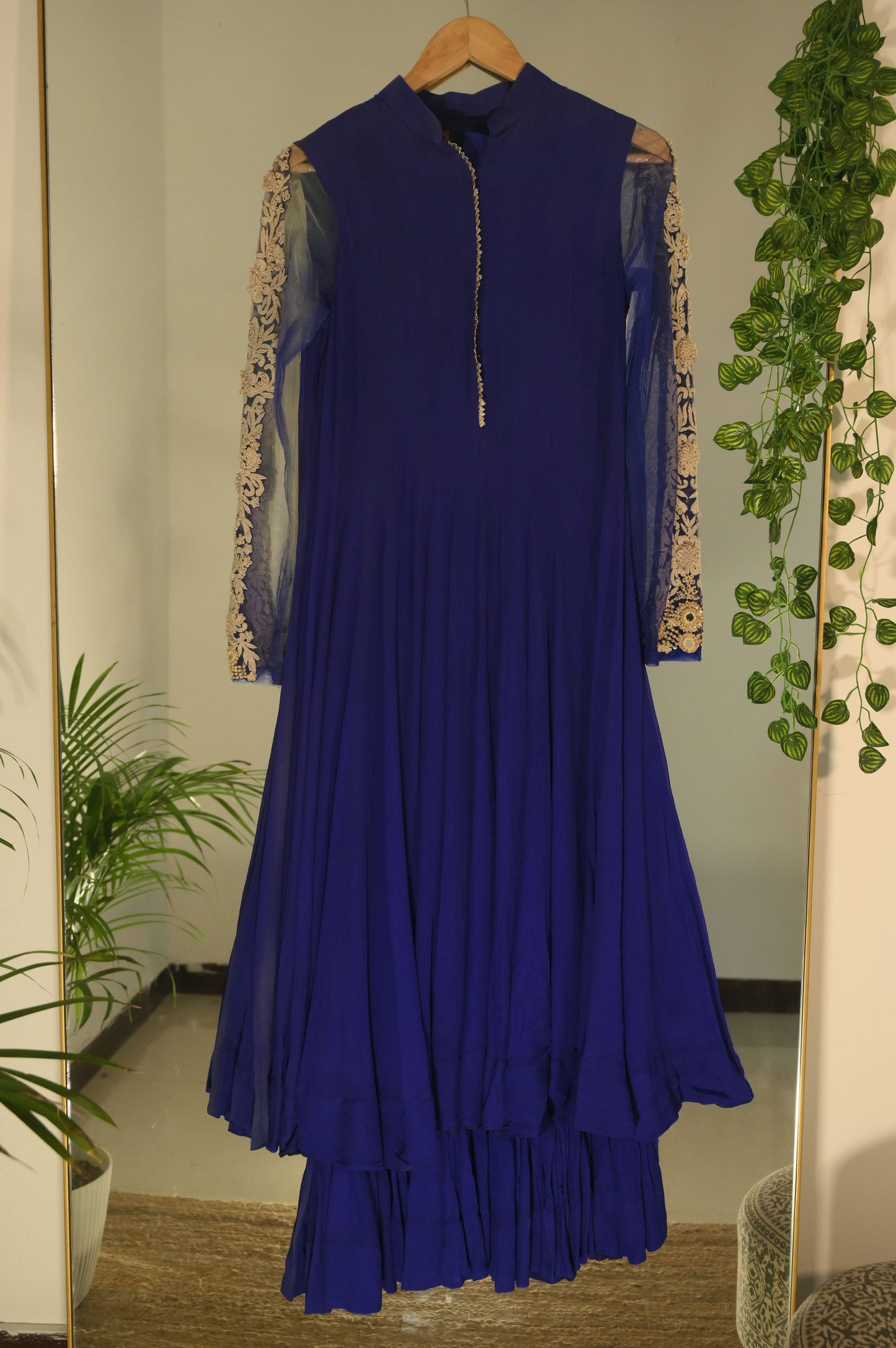 Blue anarkali with embroidered sleeve