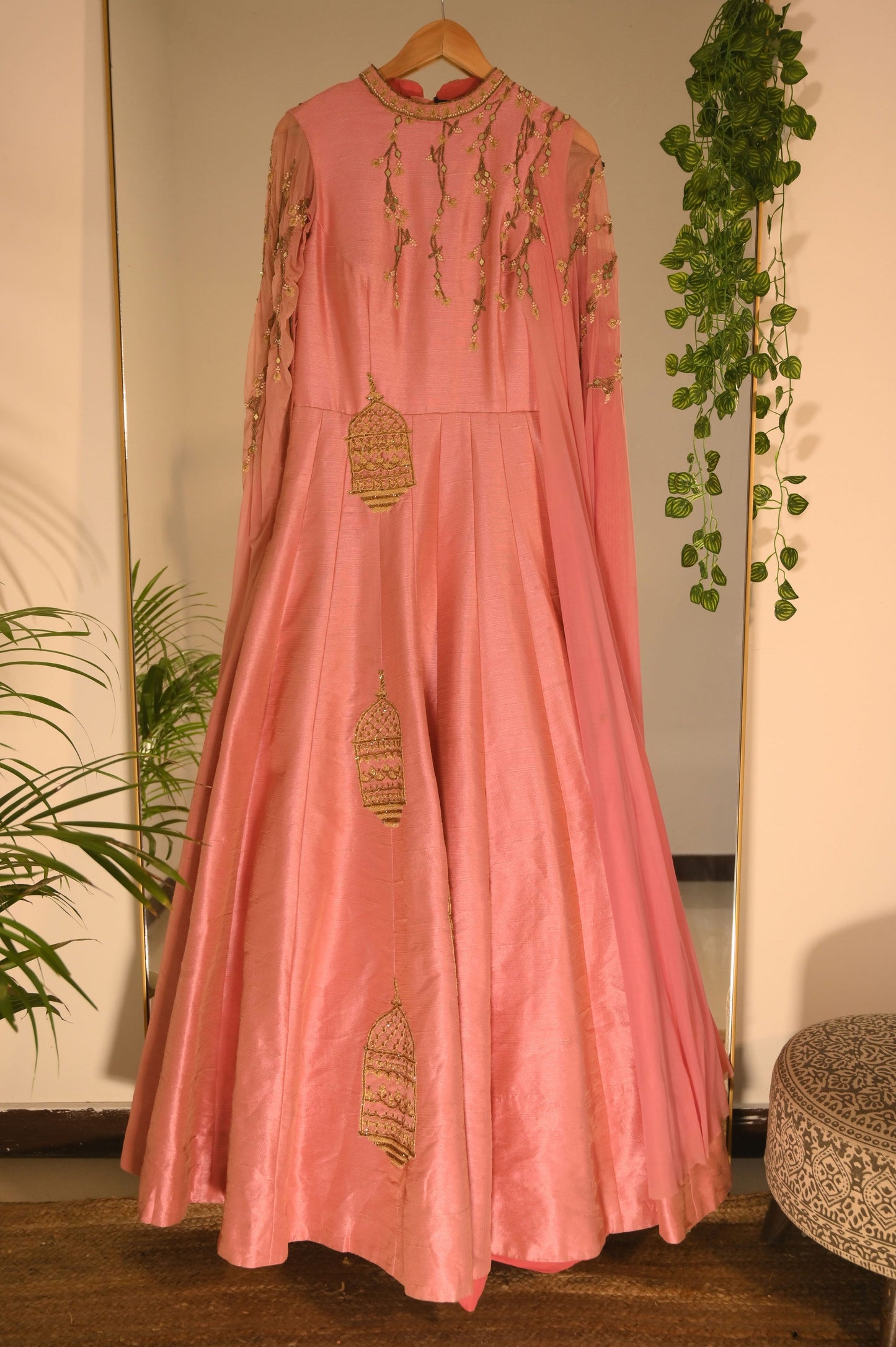 Pink Zardosi Gown with Mirror and Pearl Detailing