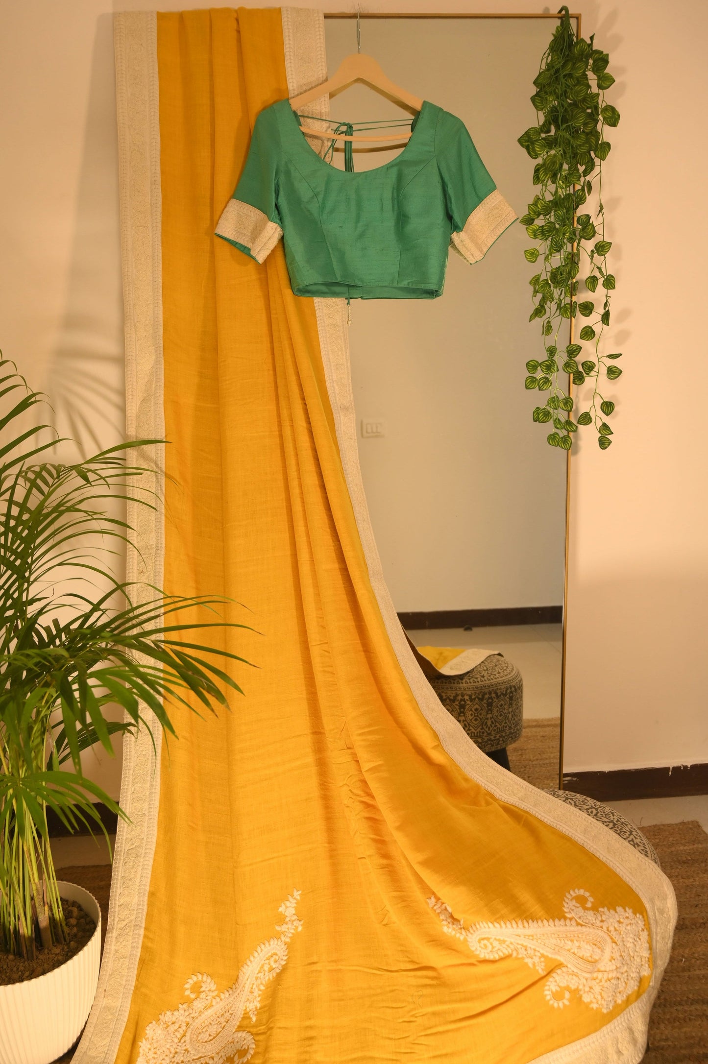 Yellow Saree with White Threadwork Borders