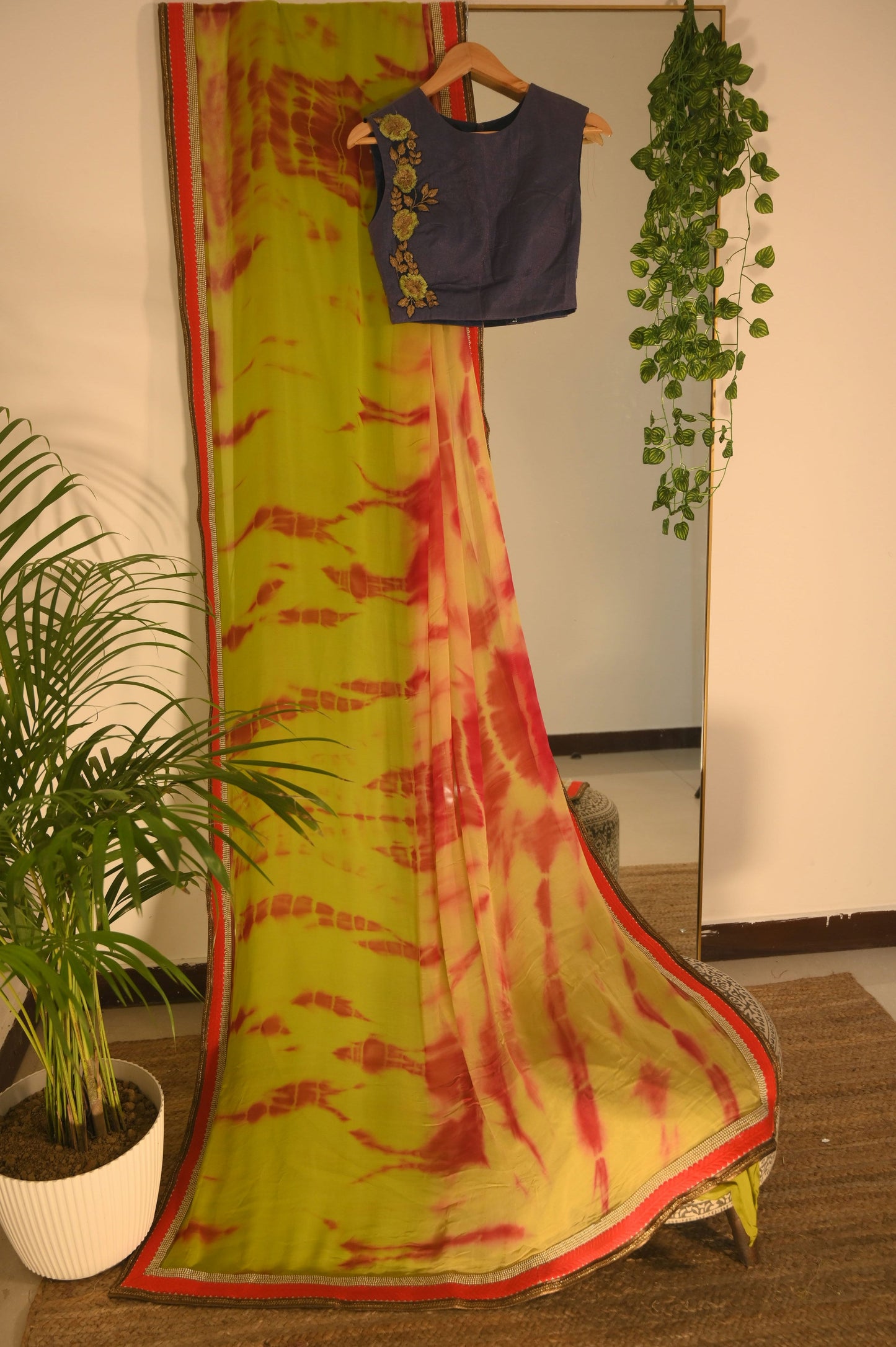 Tie Dye Saree with Navy Embroidered Blouse