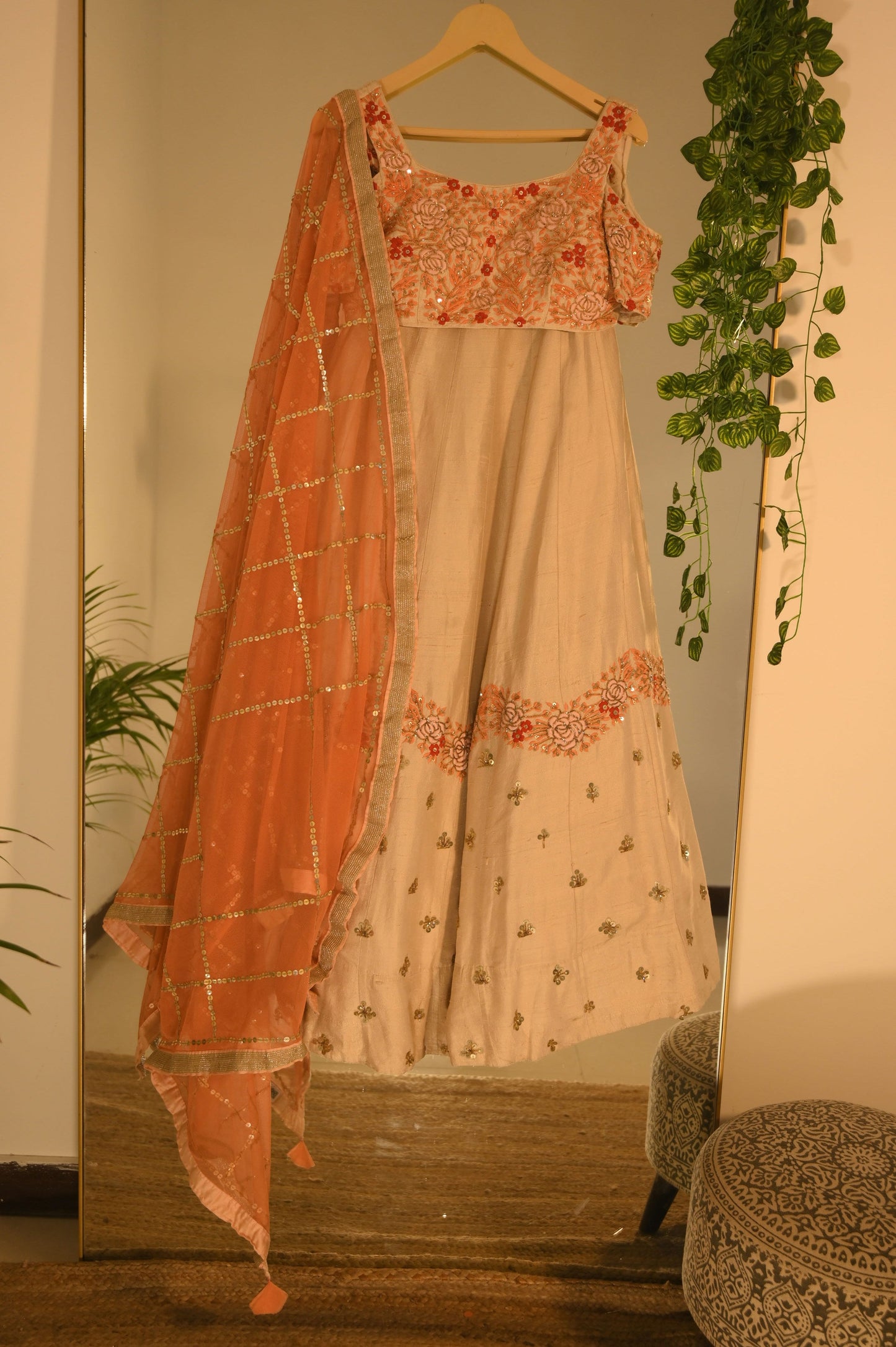Heavily embroidered blouse with lehenga