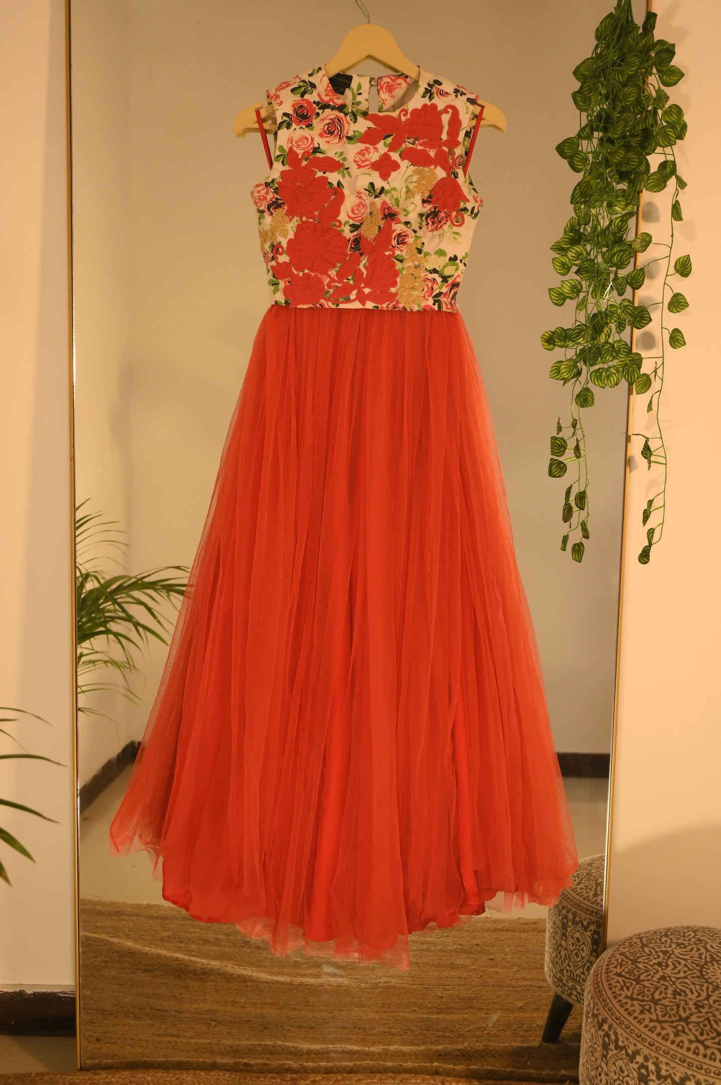 Printed and embroidered Bodice with red lehenga