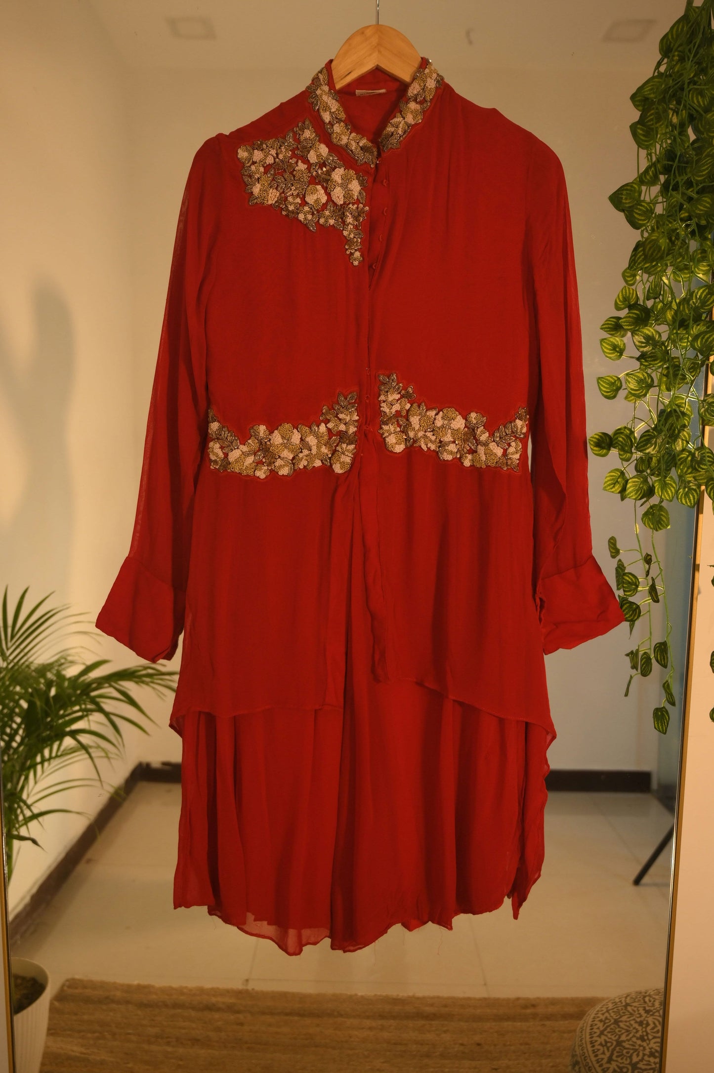 Red zardosi and embroidery kurta with plazzo