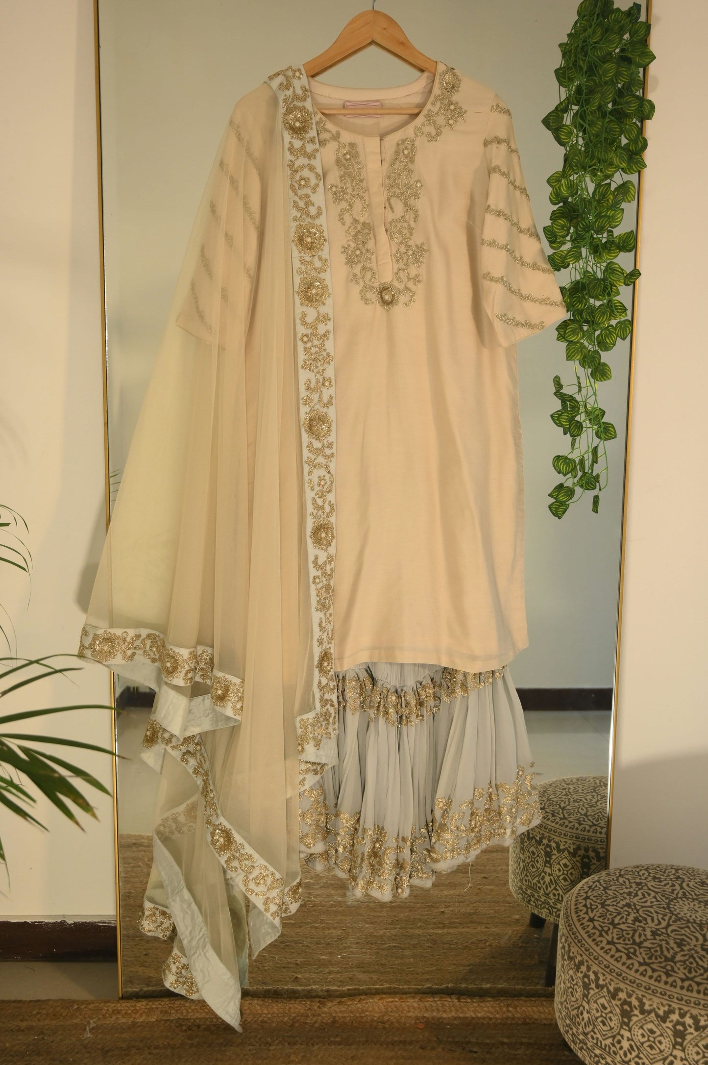 Pastel threadwork sequined gharara suit
