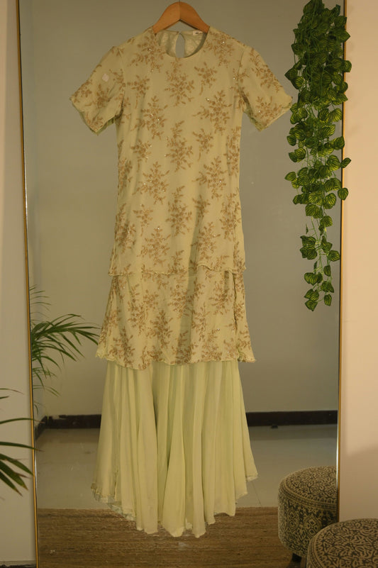 Green zari embroidered kurta with gharara