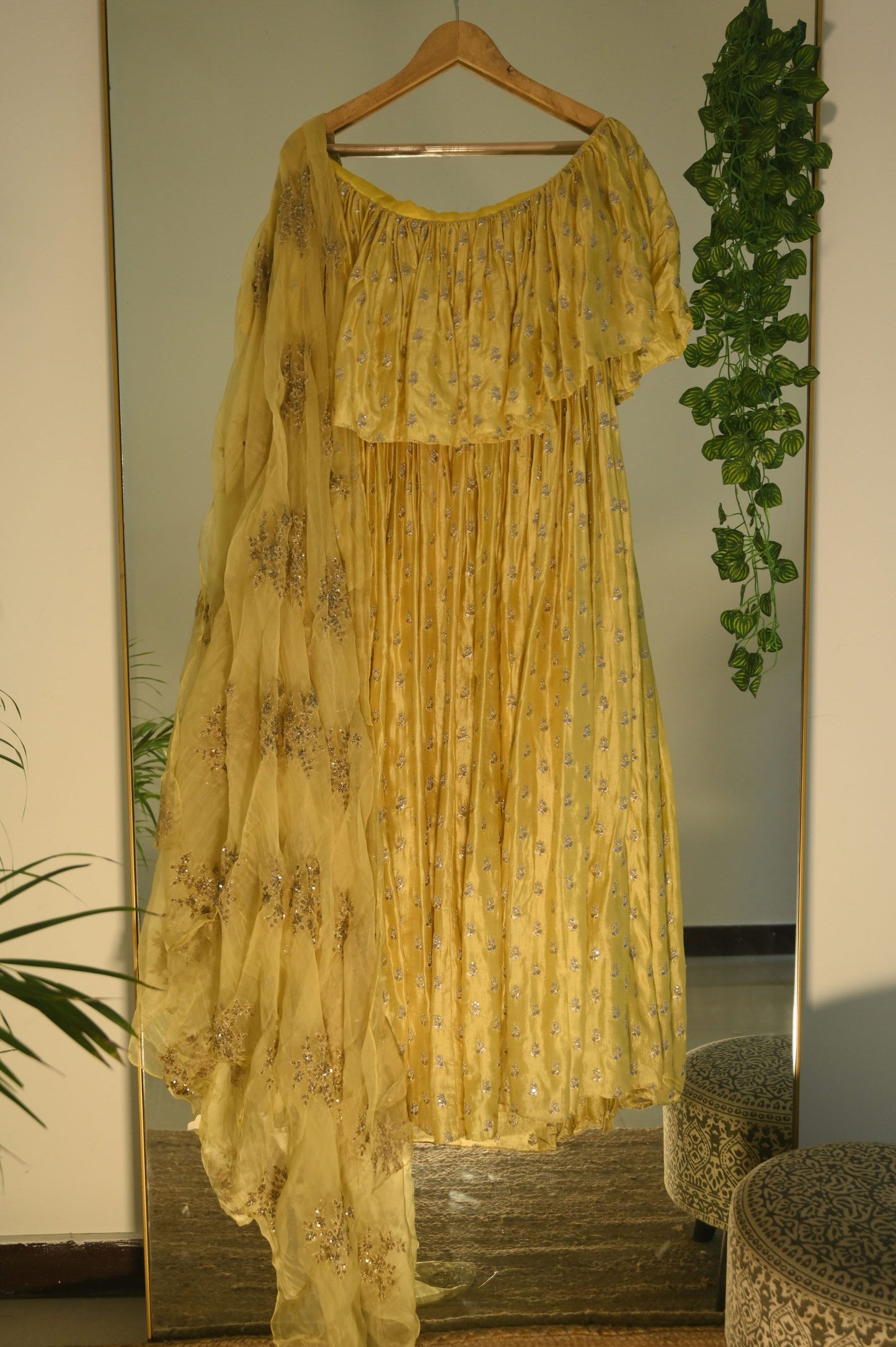 Yellow off shoulder bllouse with lehenga