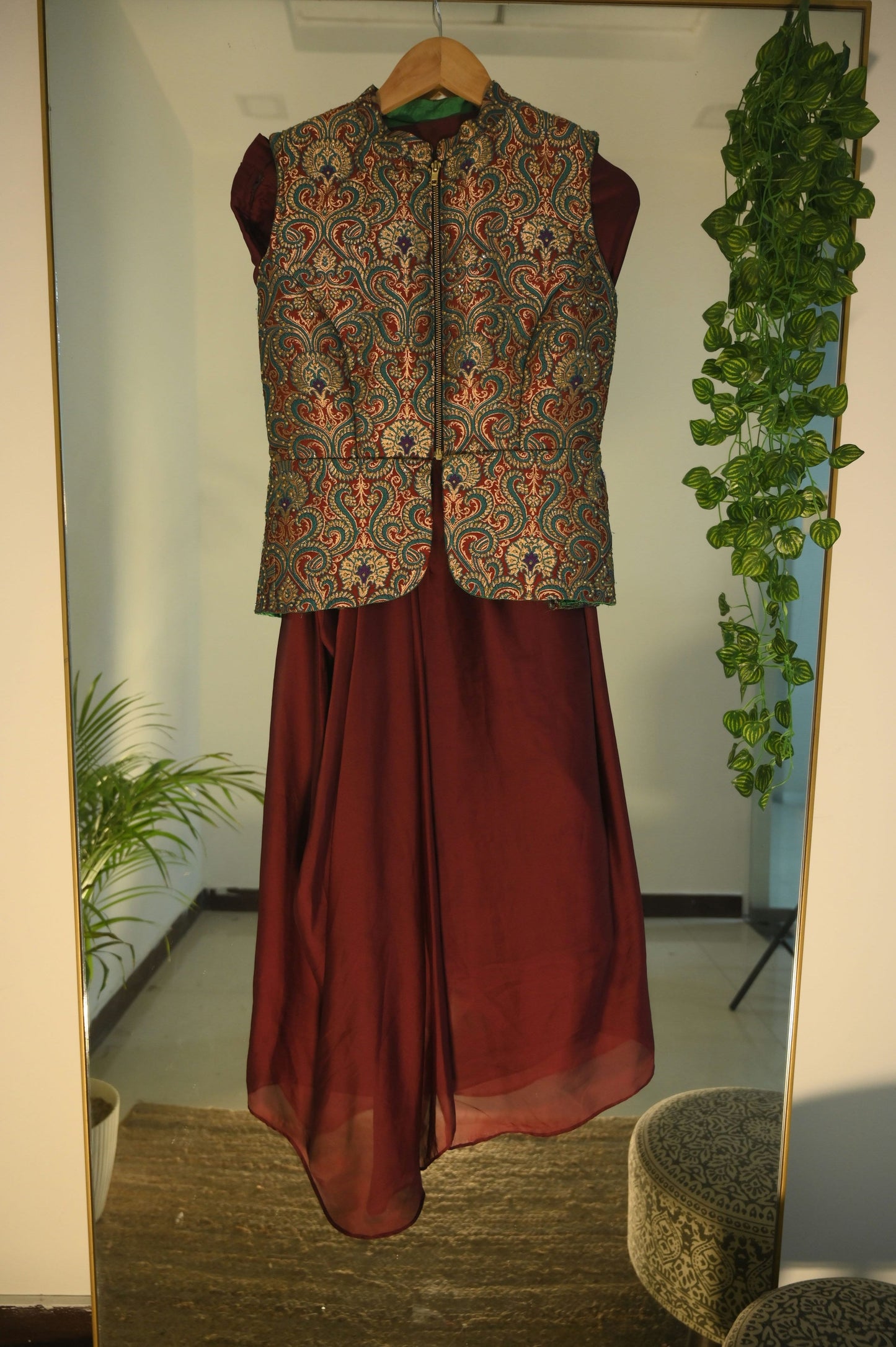 Brocade blouse with mahroon drape skirt